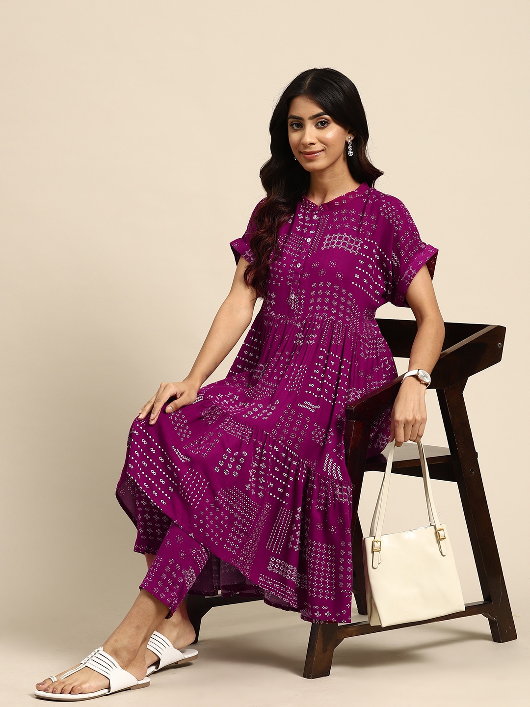 

Anouk Ethnic Motifs Printed Tiered Kurta with Trousers, Purple