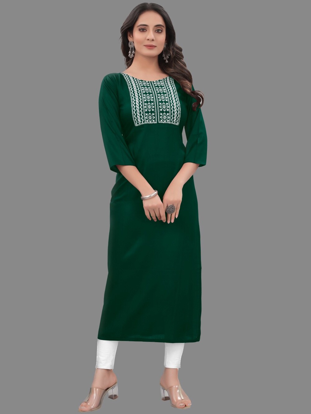 

KALINI Yoke Design Flared Sleeves Mirror Work Kurta, Green