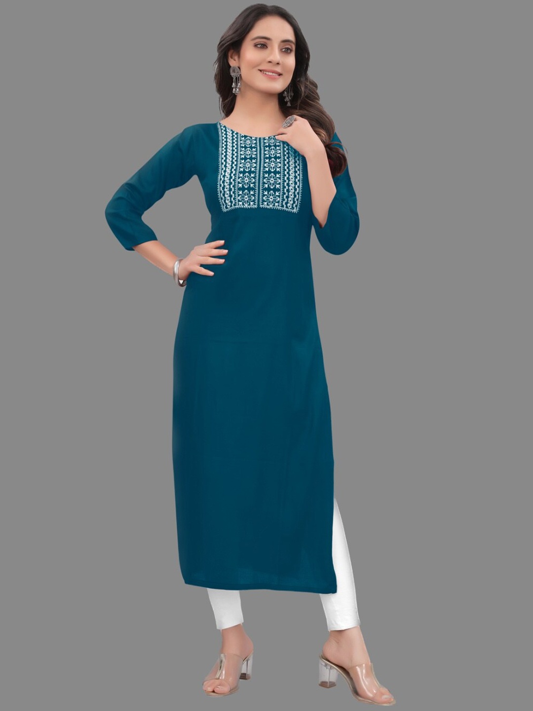 

KALINI Ethnic Motif Yoke Design Calf Length Kurta, Teal