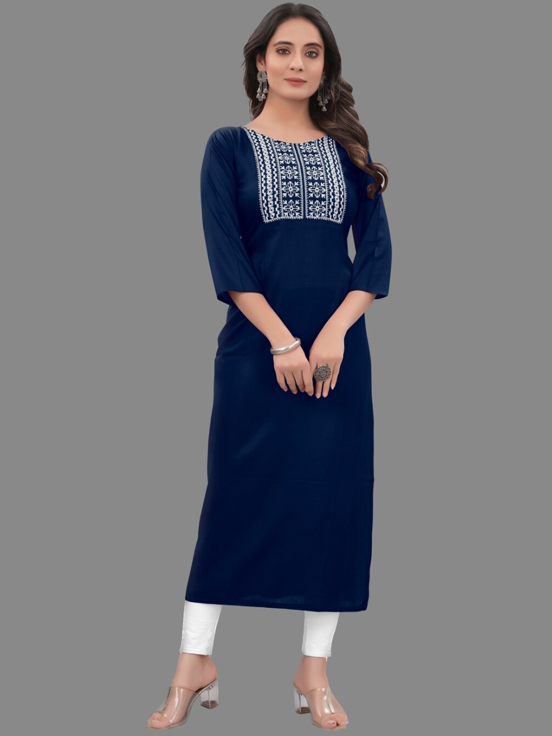 

KALINI Ethnic Motifs Embroidered Yoke Design Thread Work Straight Kurta, Navy blue