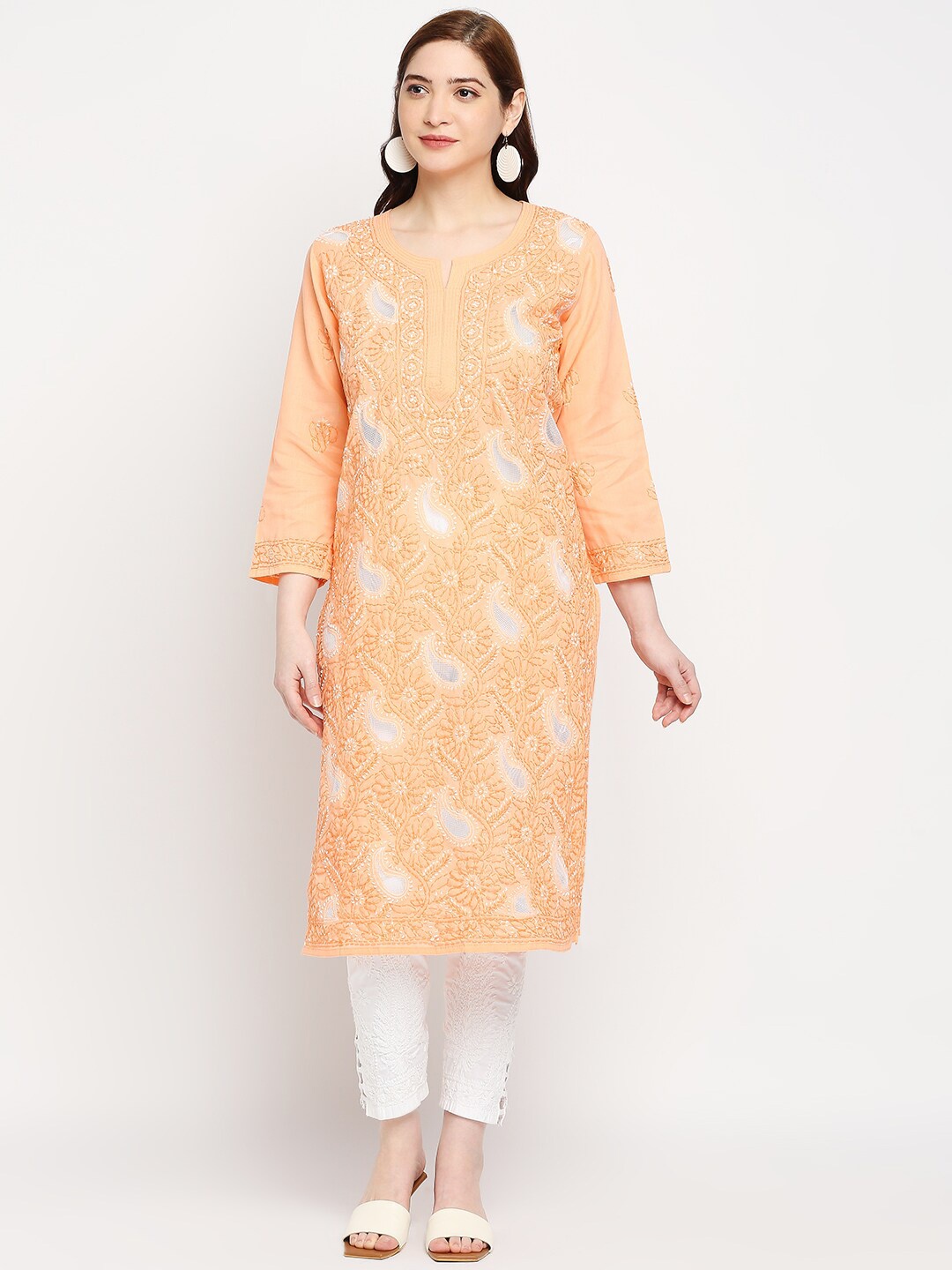 

Indiankala4u Floral Embroidered Chikankari Straight Kurta, Peach