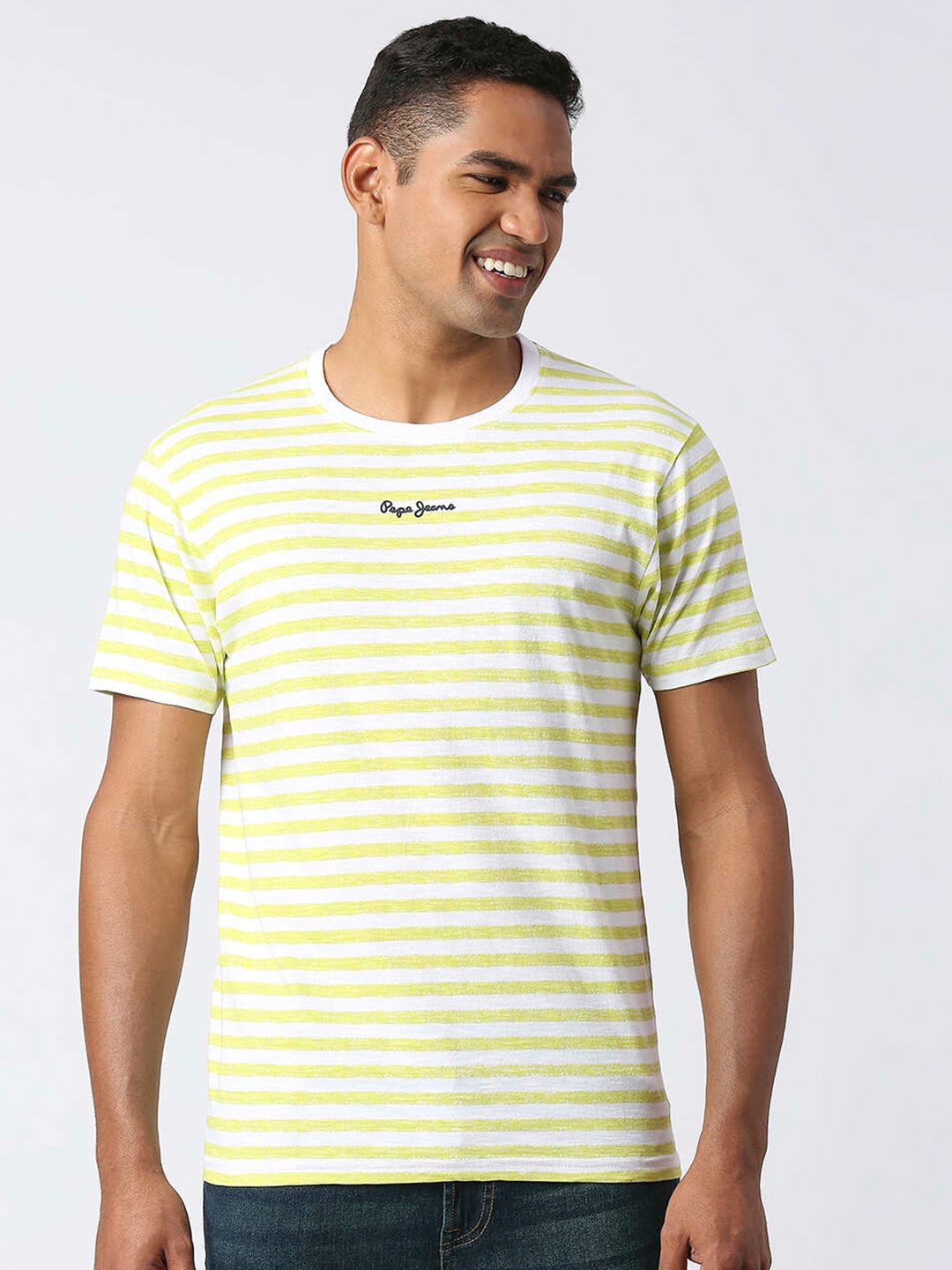 

Pepe Jeans Men Striped Pure Cotton Slim Fit T-shirt, Lime green