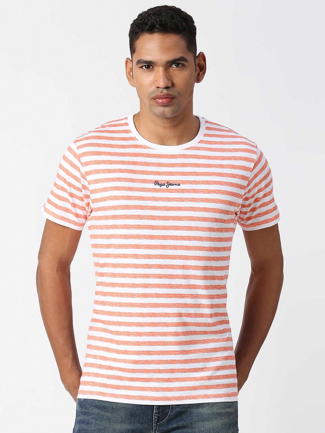 

Pepe Jeans Men Striped Pure Cotton Slim Fit T-shirt, Peach