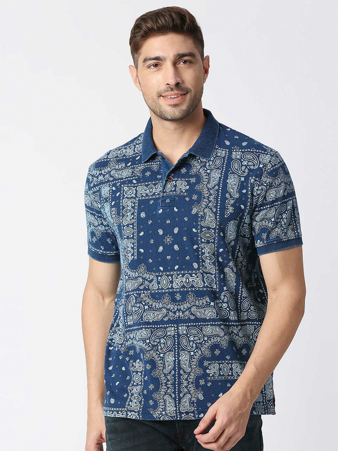 Pepe Jeans Men Printed Pure Cotton Polo Collar T-shirt, Blue