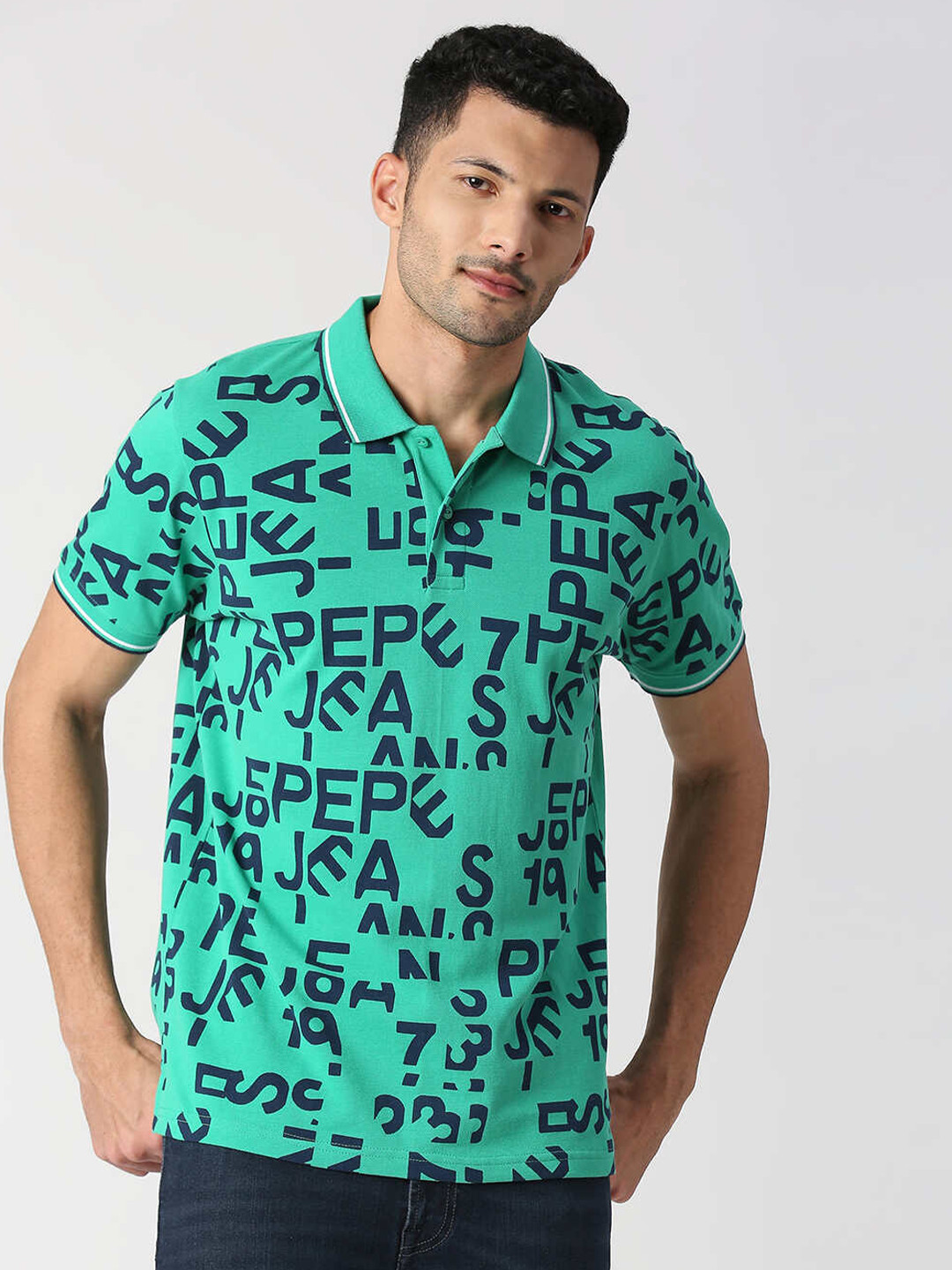 

Pepe Jeans Men Typography Printed Pure Cotton Polo Collar T-shirt, Green