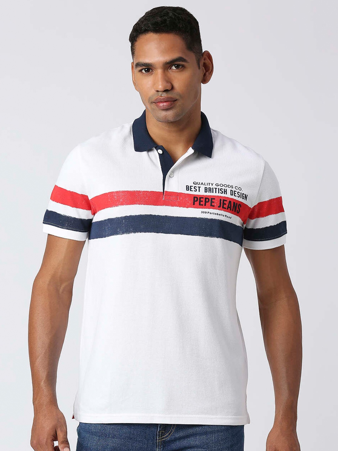 

Pepe Jeans Men Striped Pure Cotton Polo Collar T-shirt, White