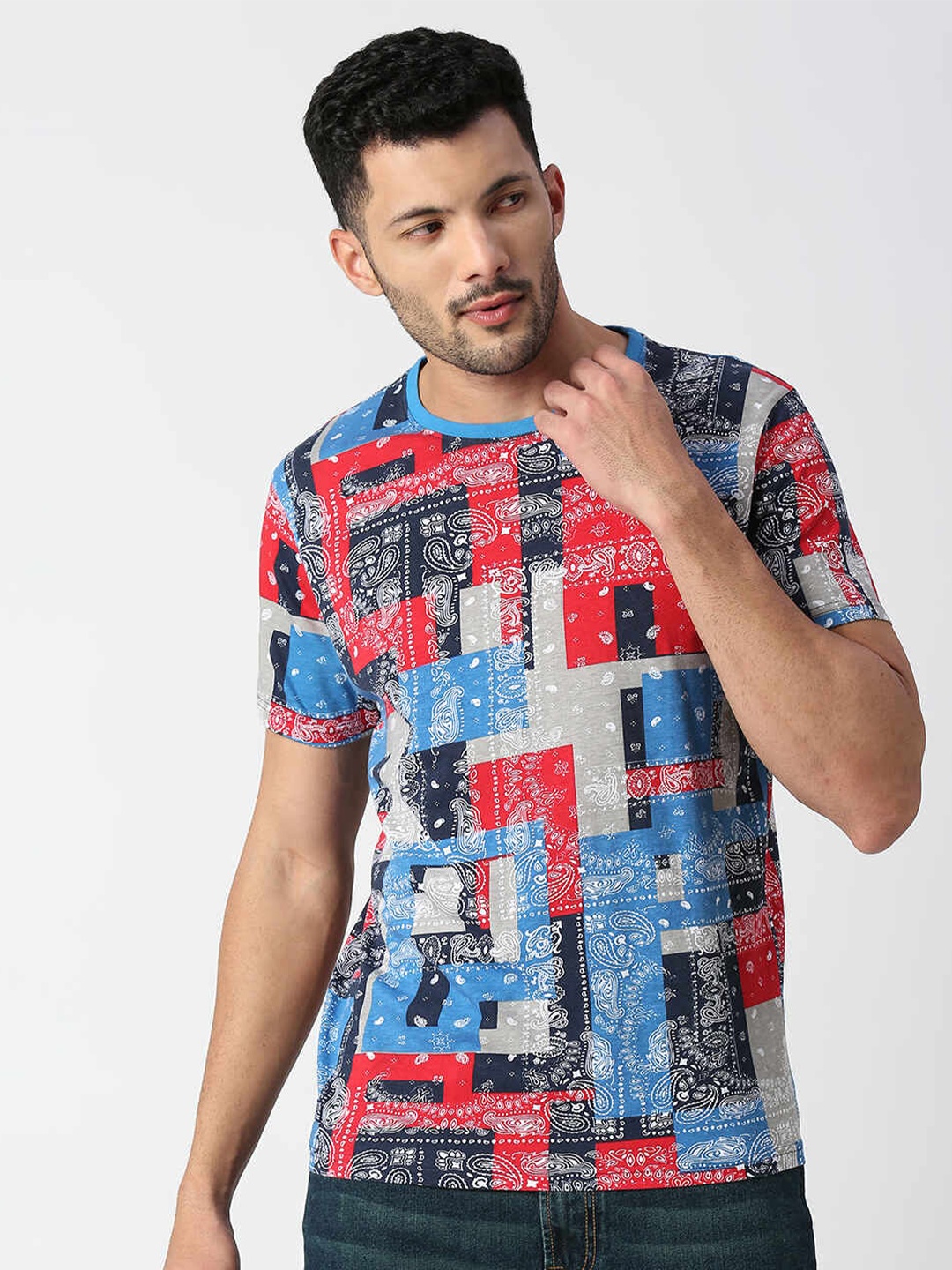 

Pepe Jeans Men Abstract Printed Pure Cotton Slim Fit T-shirt, Blue