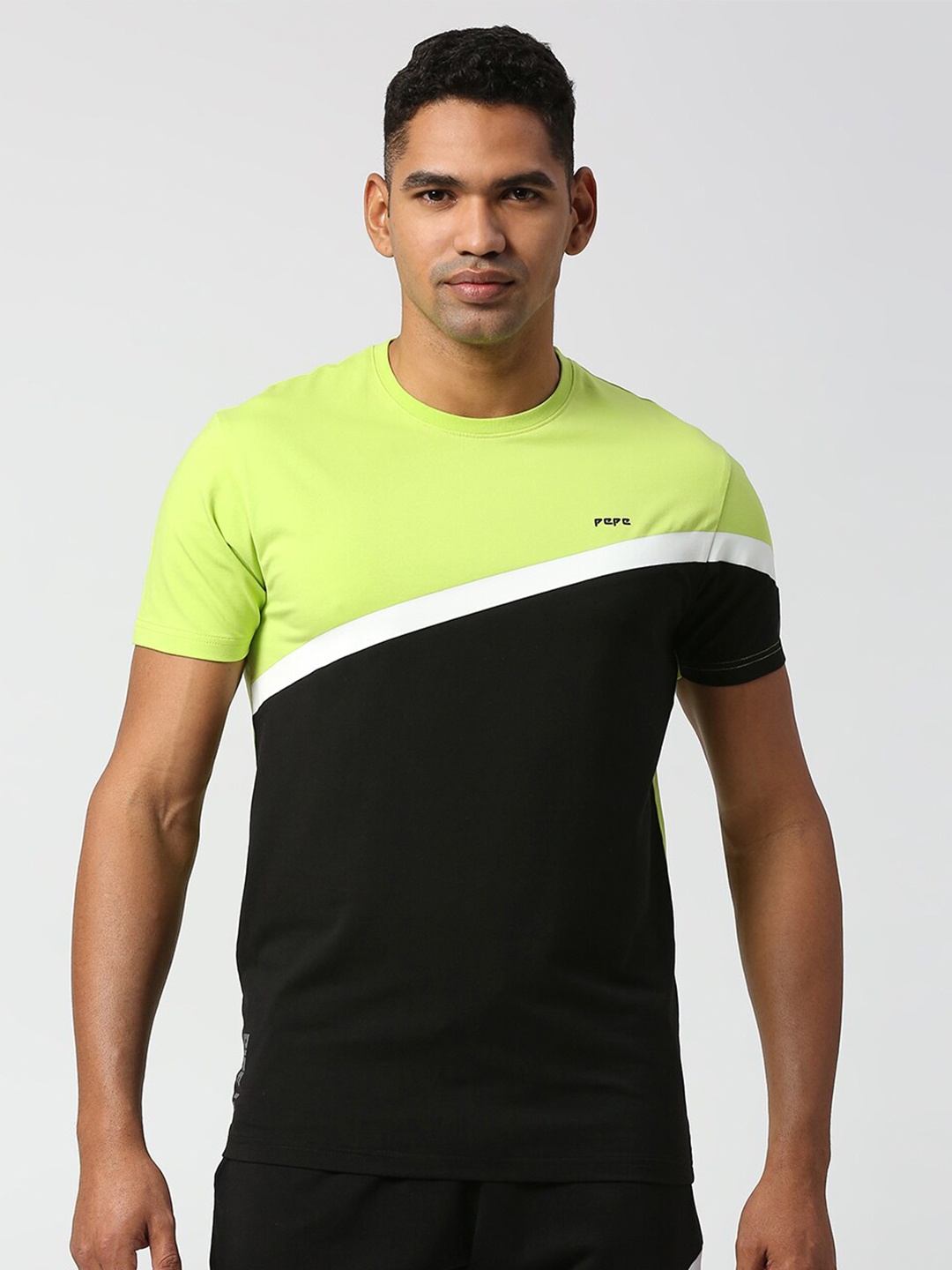 

Pepe Jeans Men Colourblocked Pure Cotton Slim Fit T-shirt, Lime green