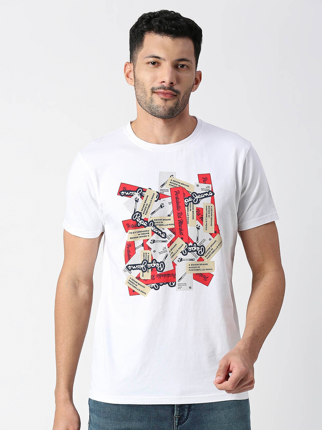 

Pepe Jeans Men Graphic Printed Pure Cotton Slim Fit T-shirt, White