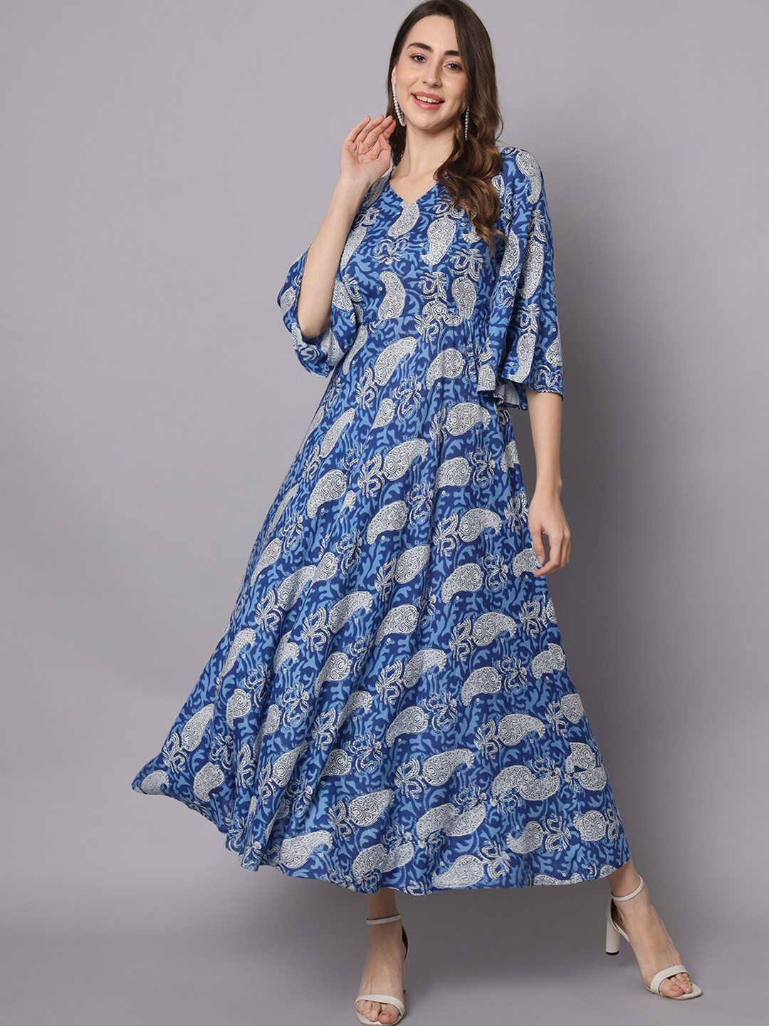 

HELLO DESIGN Ethnic Motif Printed V Neck A-Line Maxi Ethnic Dress, Blue