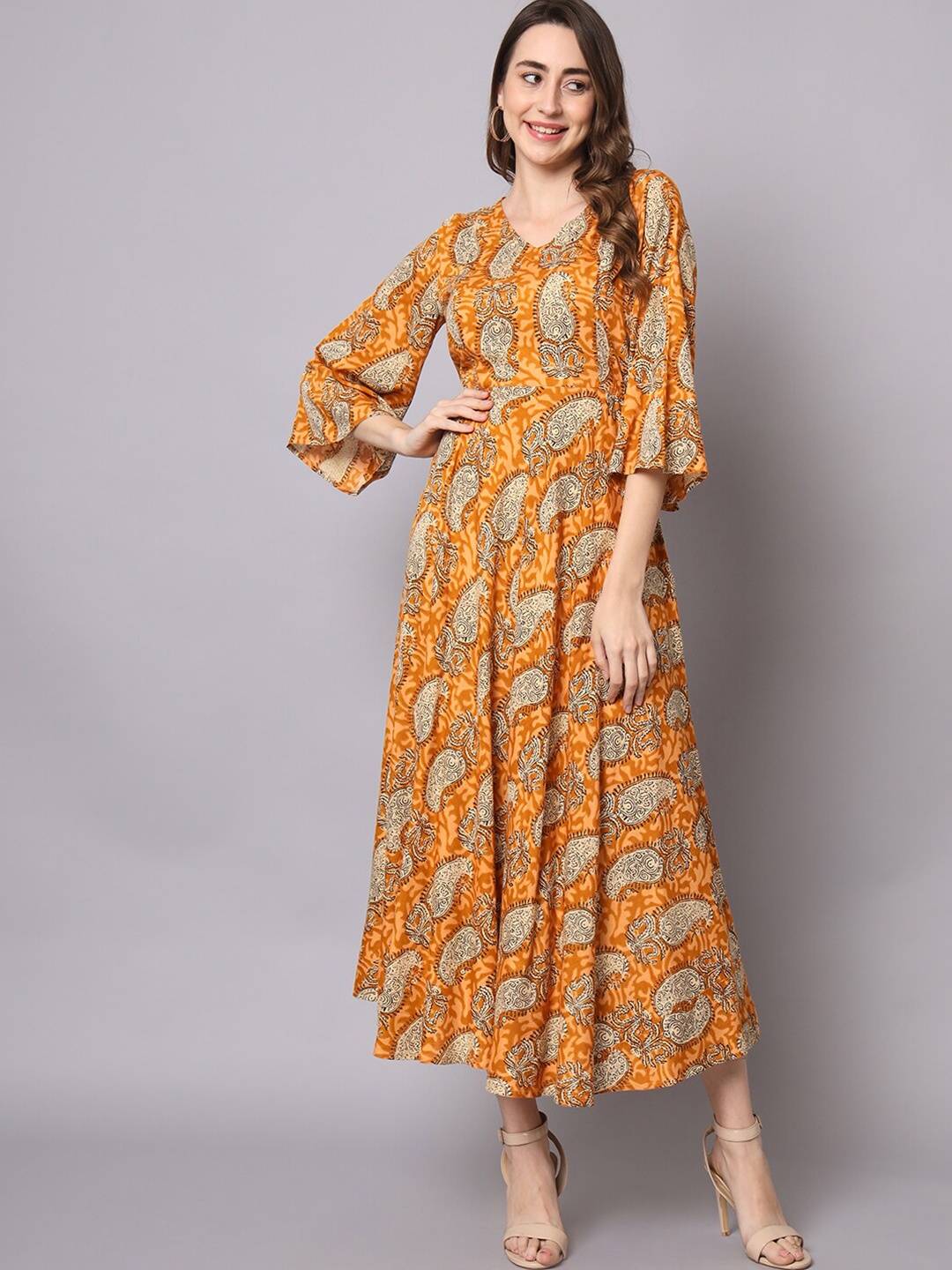 

HELLO DESIGN V-Neck Ethnic Motifs Printed Maxi Dress, Orange