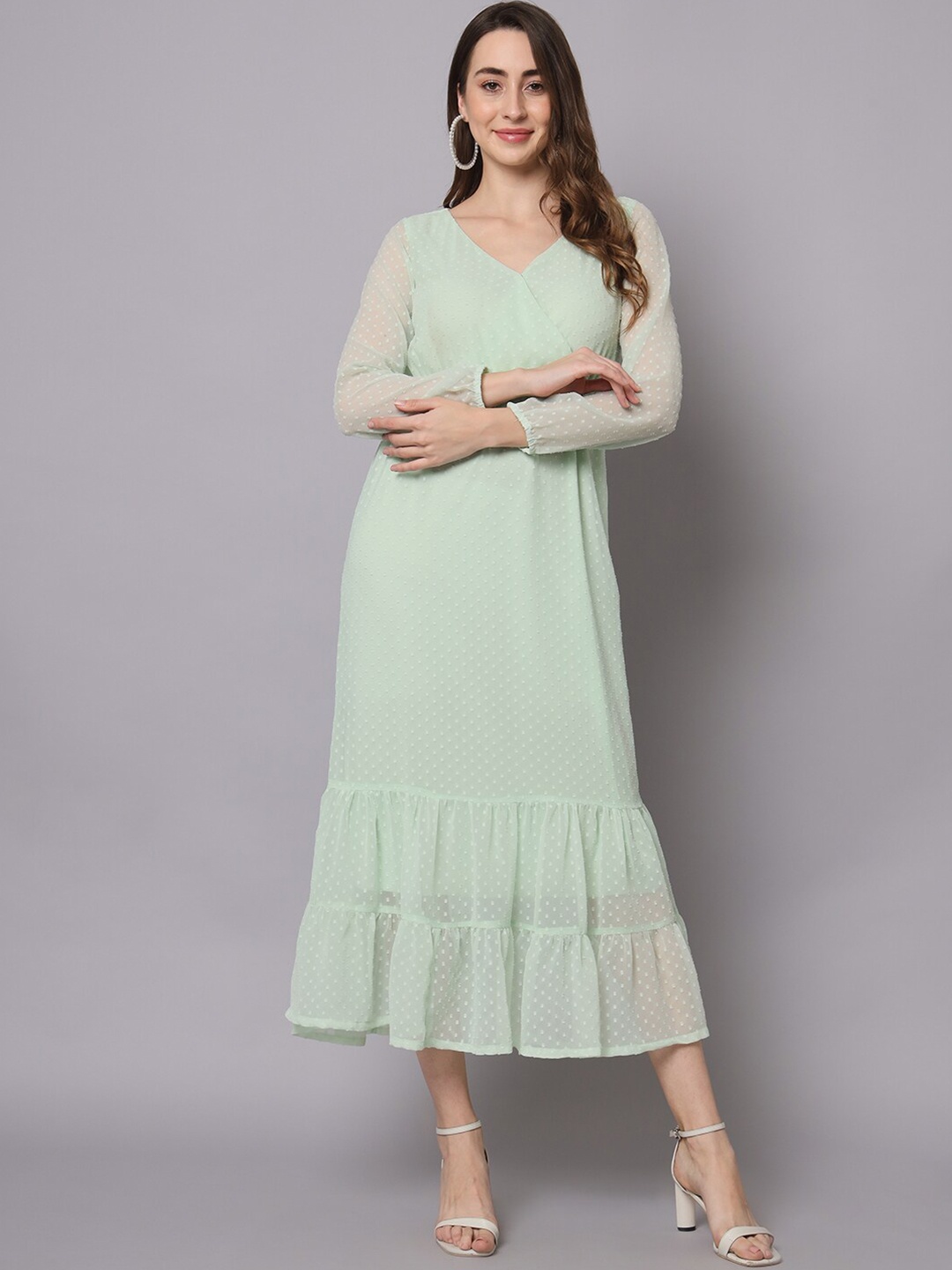 

HELLO DESIGN Self Design Gathered V-Neck Wrap Maxi Dress, Green