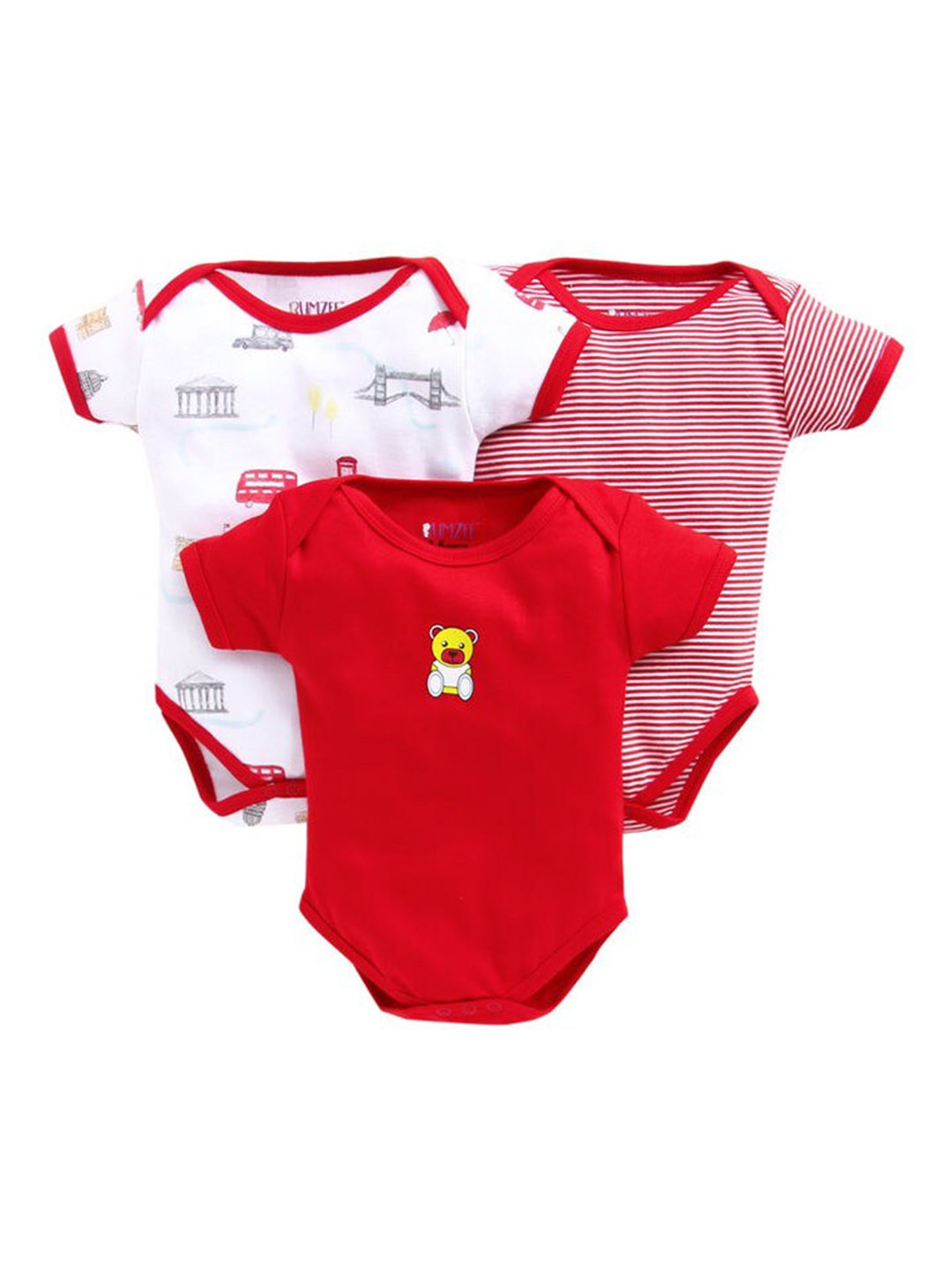 

EIO Infants Kids Set Of 3 Printed Pure Cotton Rompers, Red