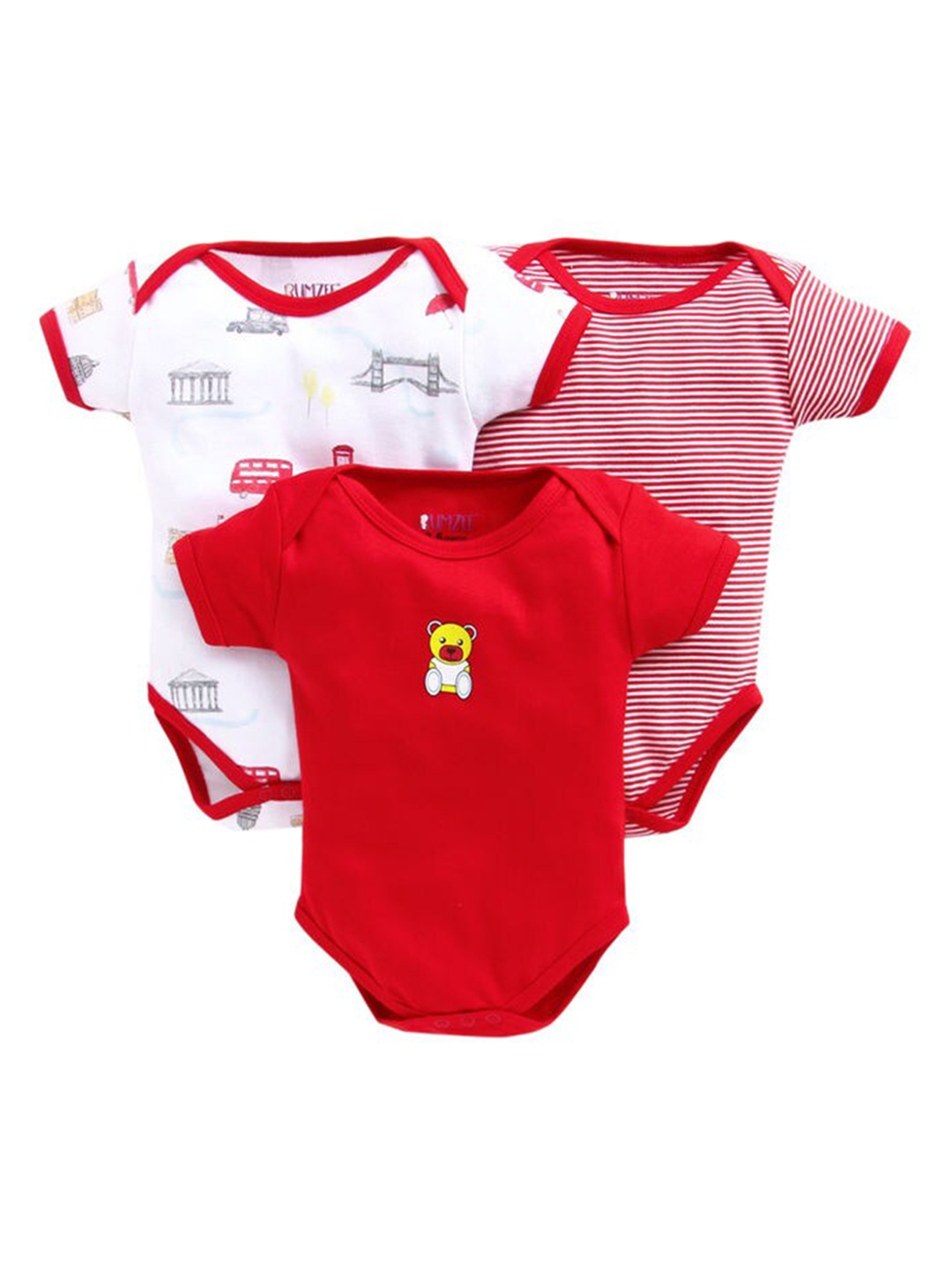 

EIO Infant Kids Pack Of 3 Striped Pure Cotton Bodysuits, Red