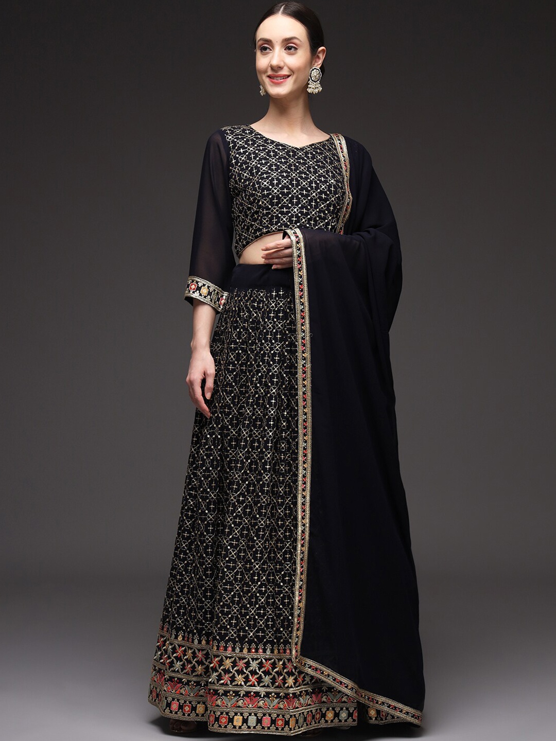 

VAANI CREATION Embroidered Semi-Stitched Lehenga & Unstitched Blouse With Dupatta, Black