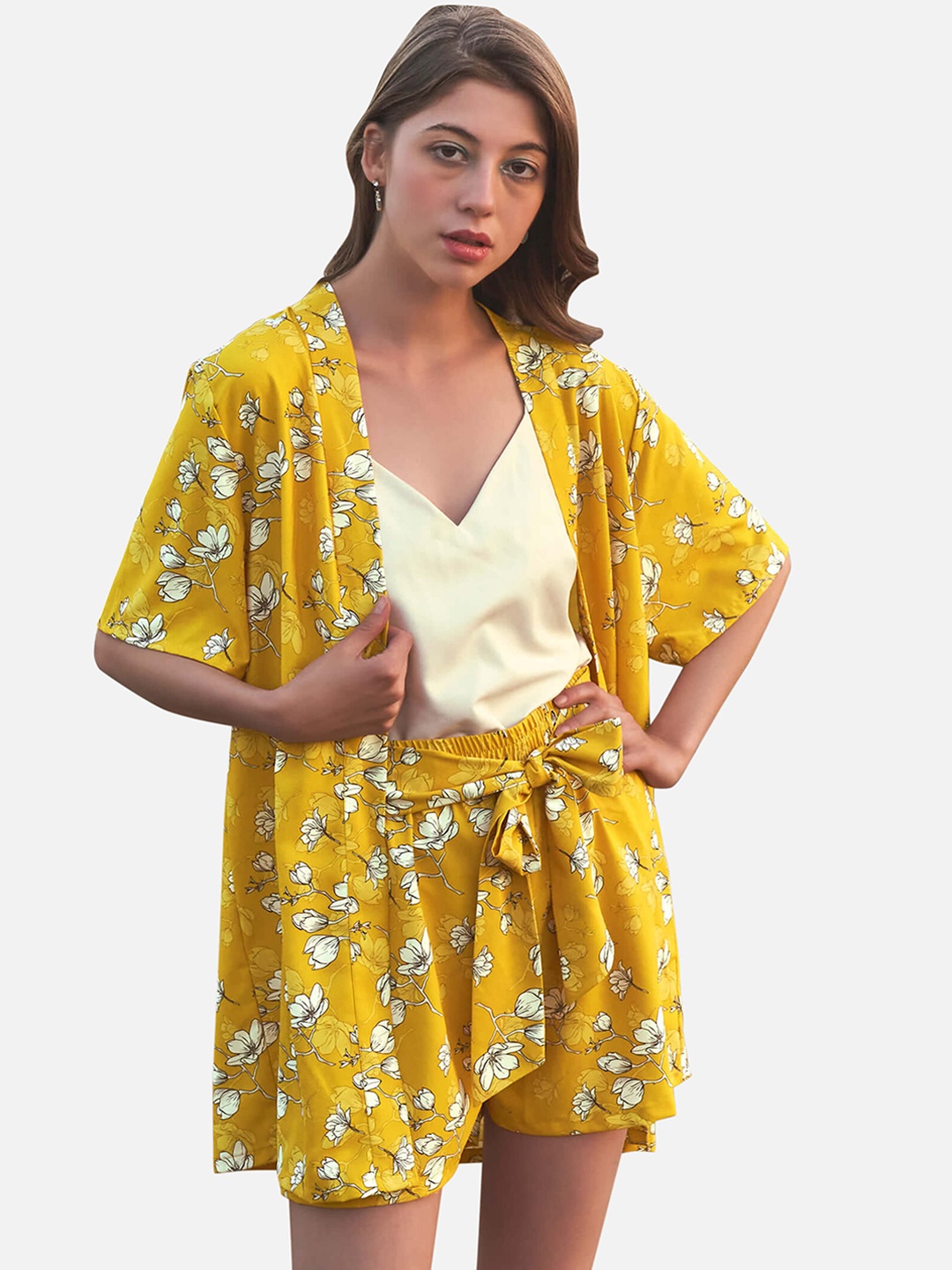 

NEOFAA Floral Printed 3 Piece Crepe Co-Ord Set, Yellow