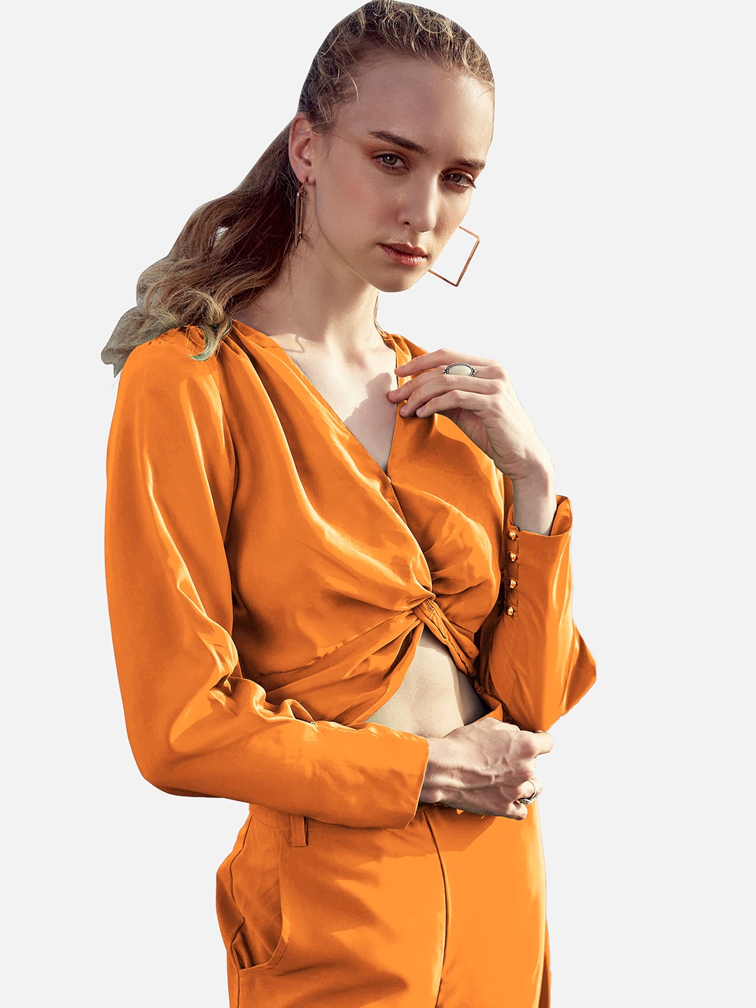 

NEOFAA Twisted Knot Crop Top With Trousers Co-Ords, Orange