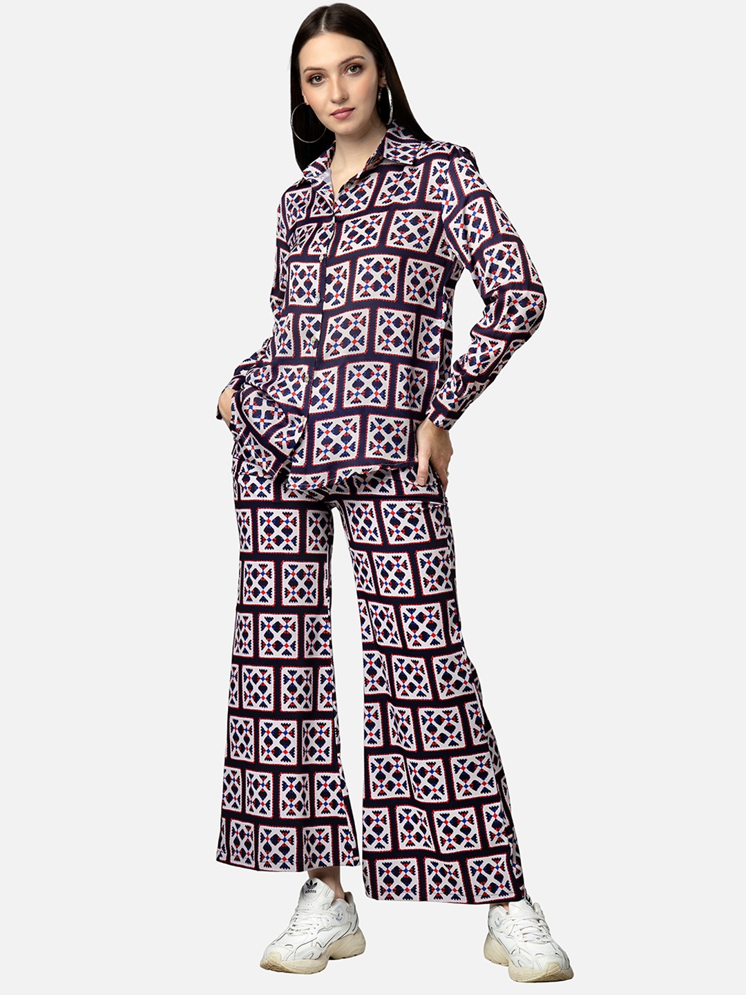 

NEOFAA Geometric Printed Shirt With Flared Trousers Co-Ords, Navy blue