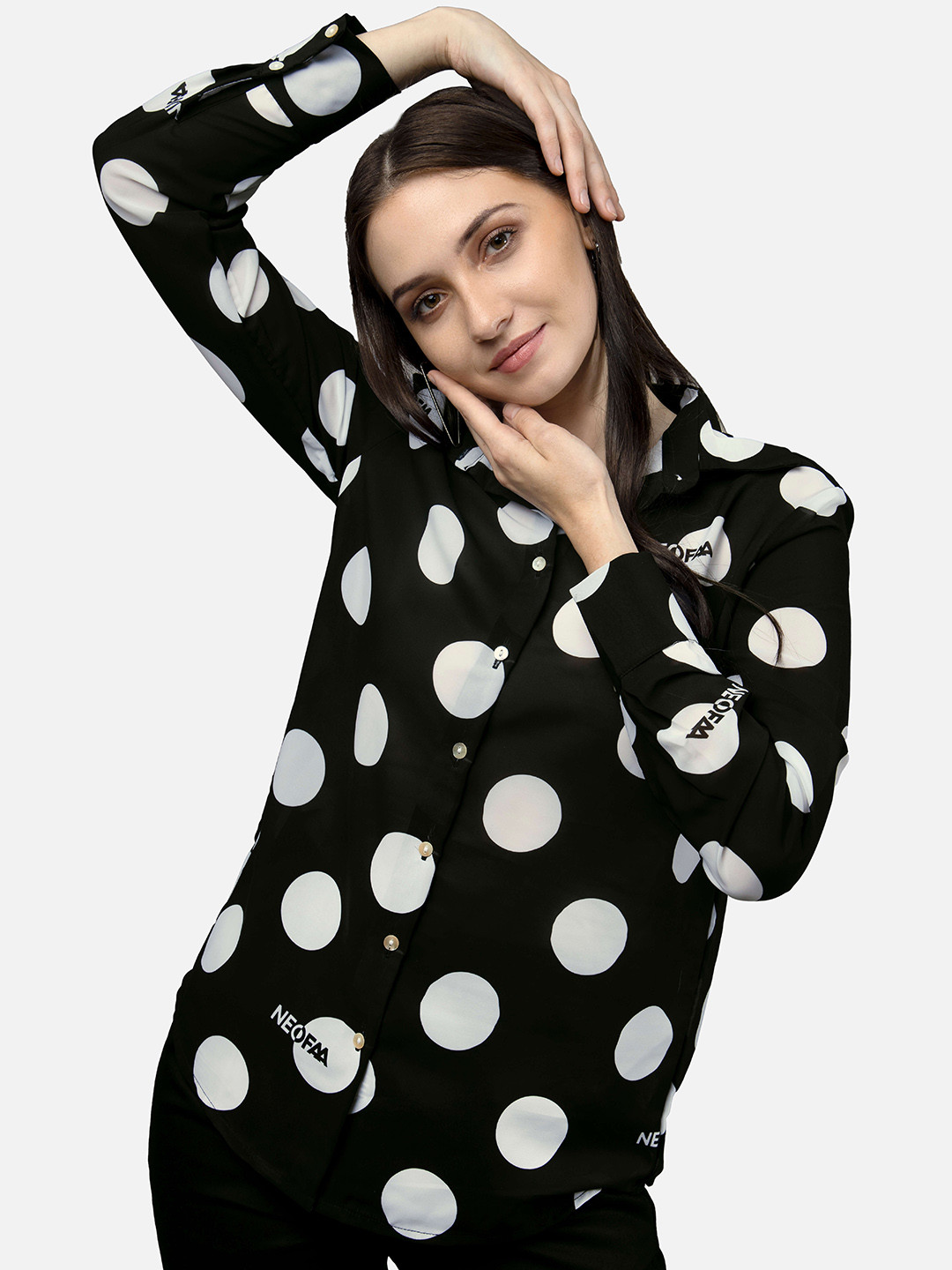 

NEOFAA Polka Dots Printed Flared Trousers Co-Ord Set, Black