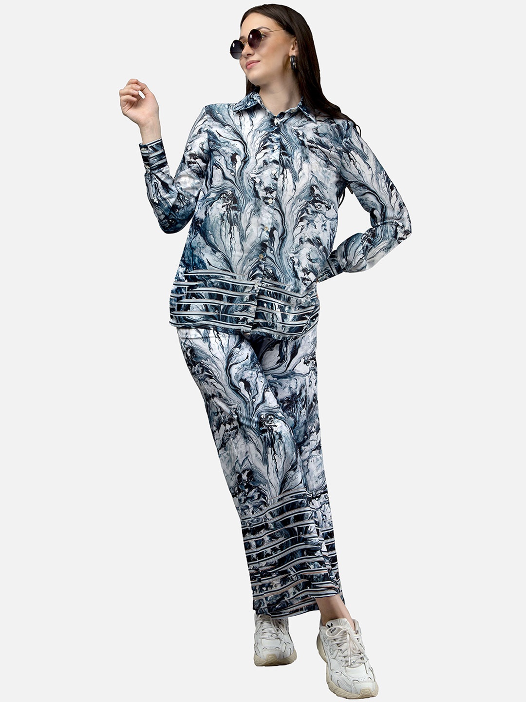 

NEOFAA Abstract Printed Shirt With Flared Trousers Co-Ords, Blue