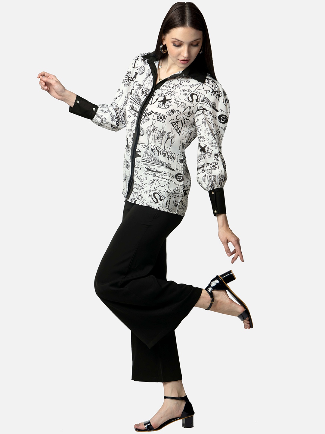 

NEOFAA Typography Printed Collar Neck Shirt With Lycra Flared Bottom Co-Ord Set, White