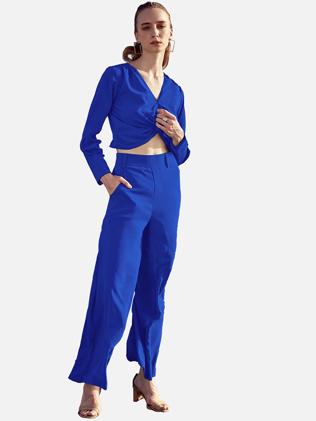 

NEOFAA Twisted Knot Crop Top With Trousers Co-Ords, Blue