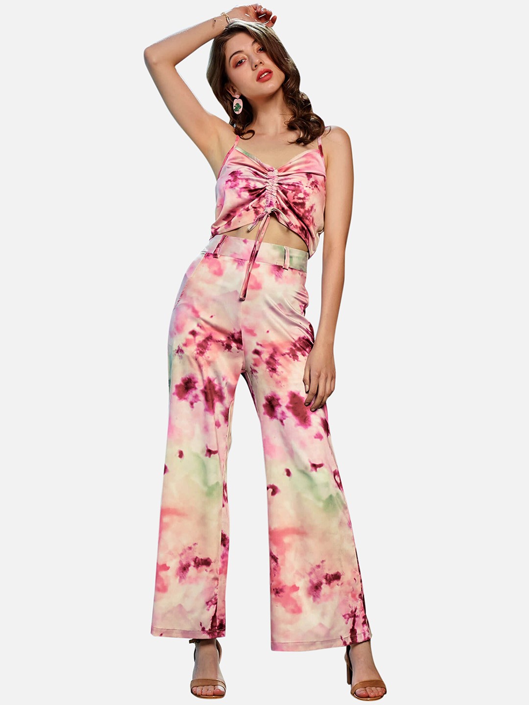 

NEOFAA Women Printed Shoulder Strap Top With Trousers, Pink