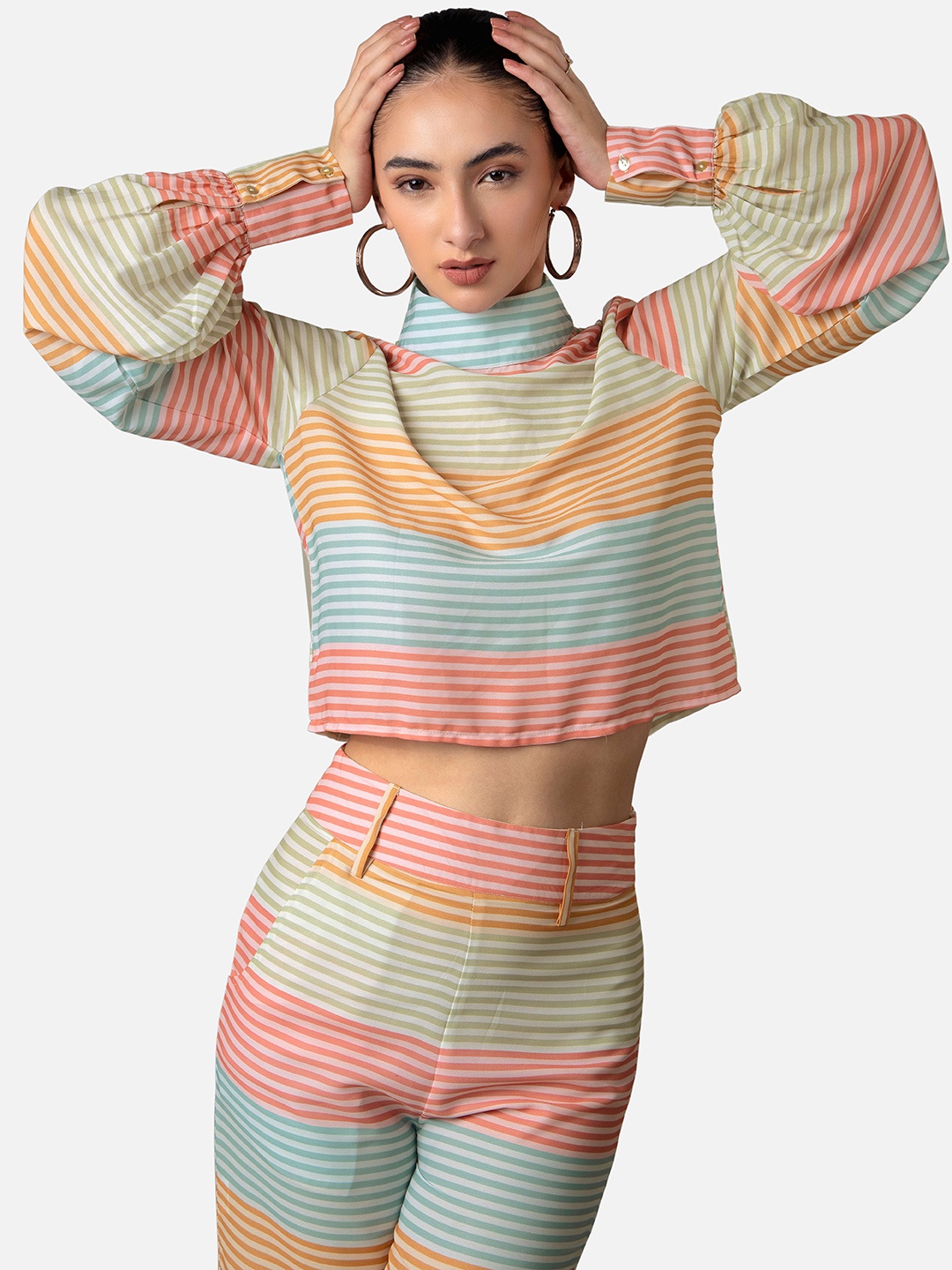 

NEOFAA Striped High Neck Top With Trousers Co-Ords, Pink