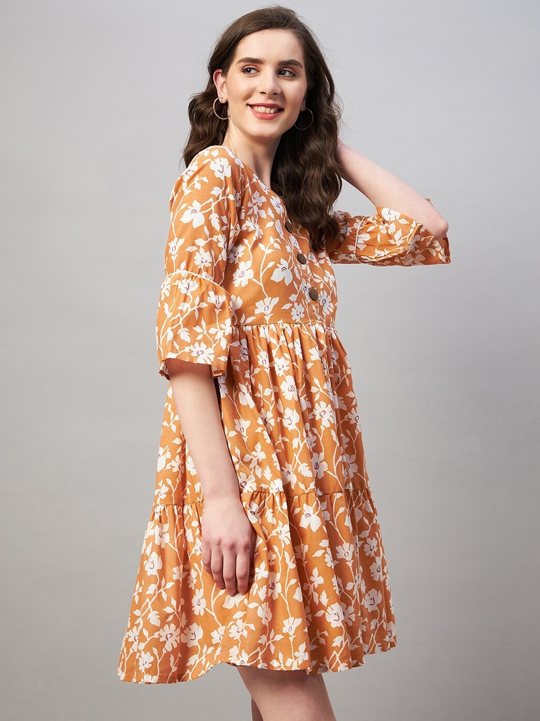 

Azira Floral Printed V Neck Bell Sleeve Empire Dress, Mustard
