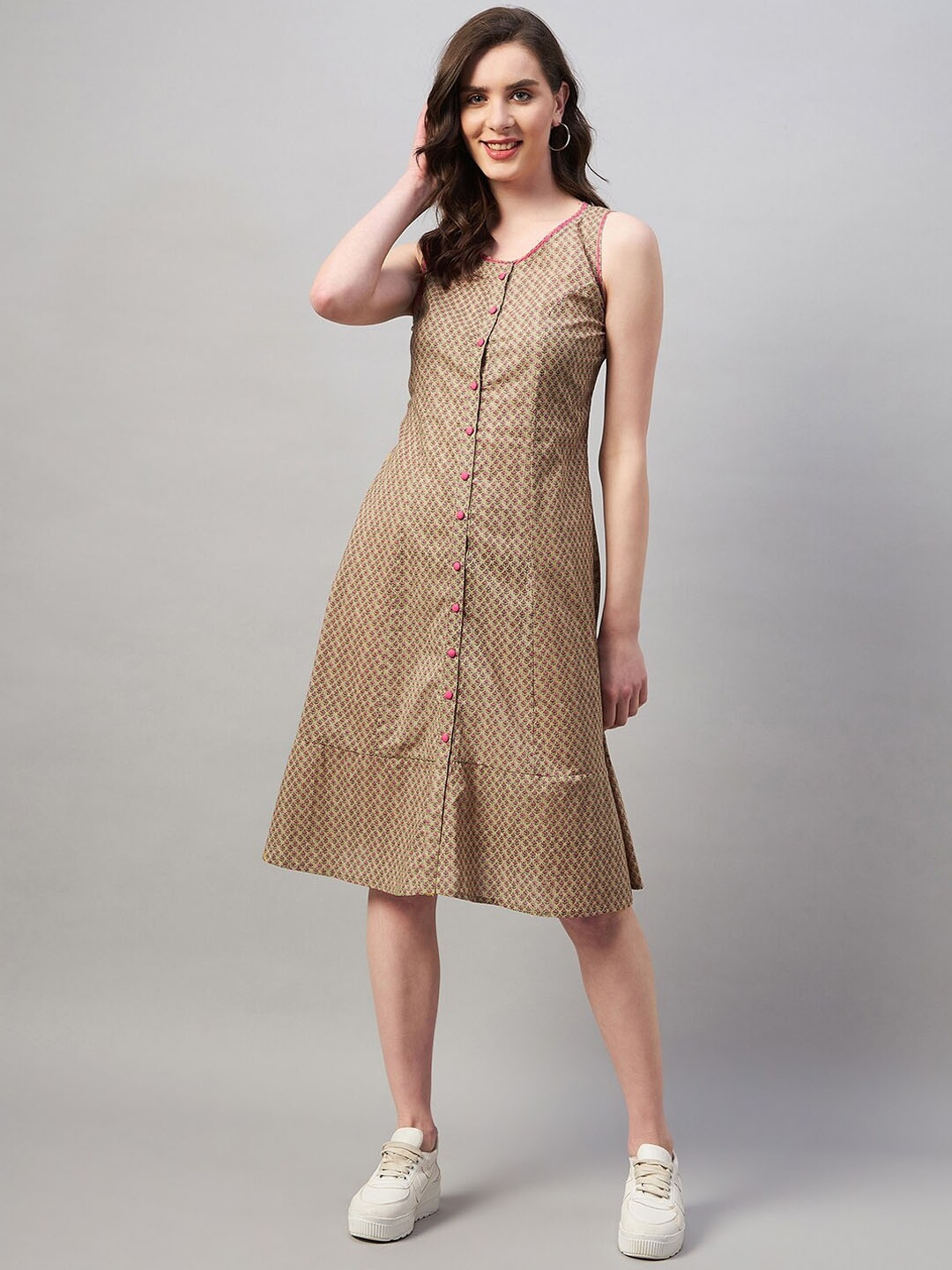 

Azira Ethnic Motifs Printed Pure Cotton Sleeveless A-Line Dress, Green