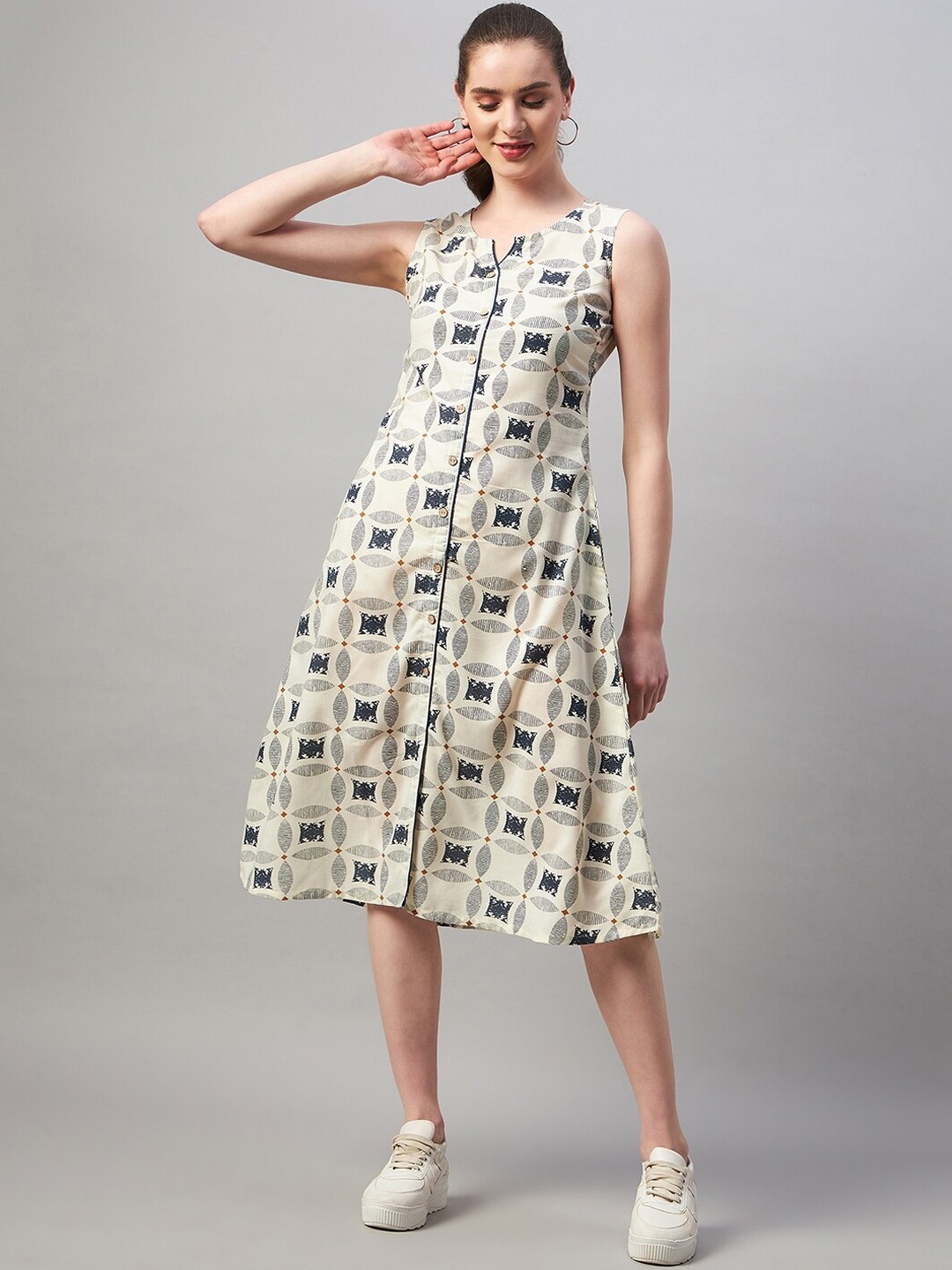 

Azira Notch Neck A-Line Pure Cotton Dress, Off white