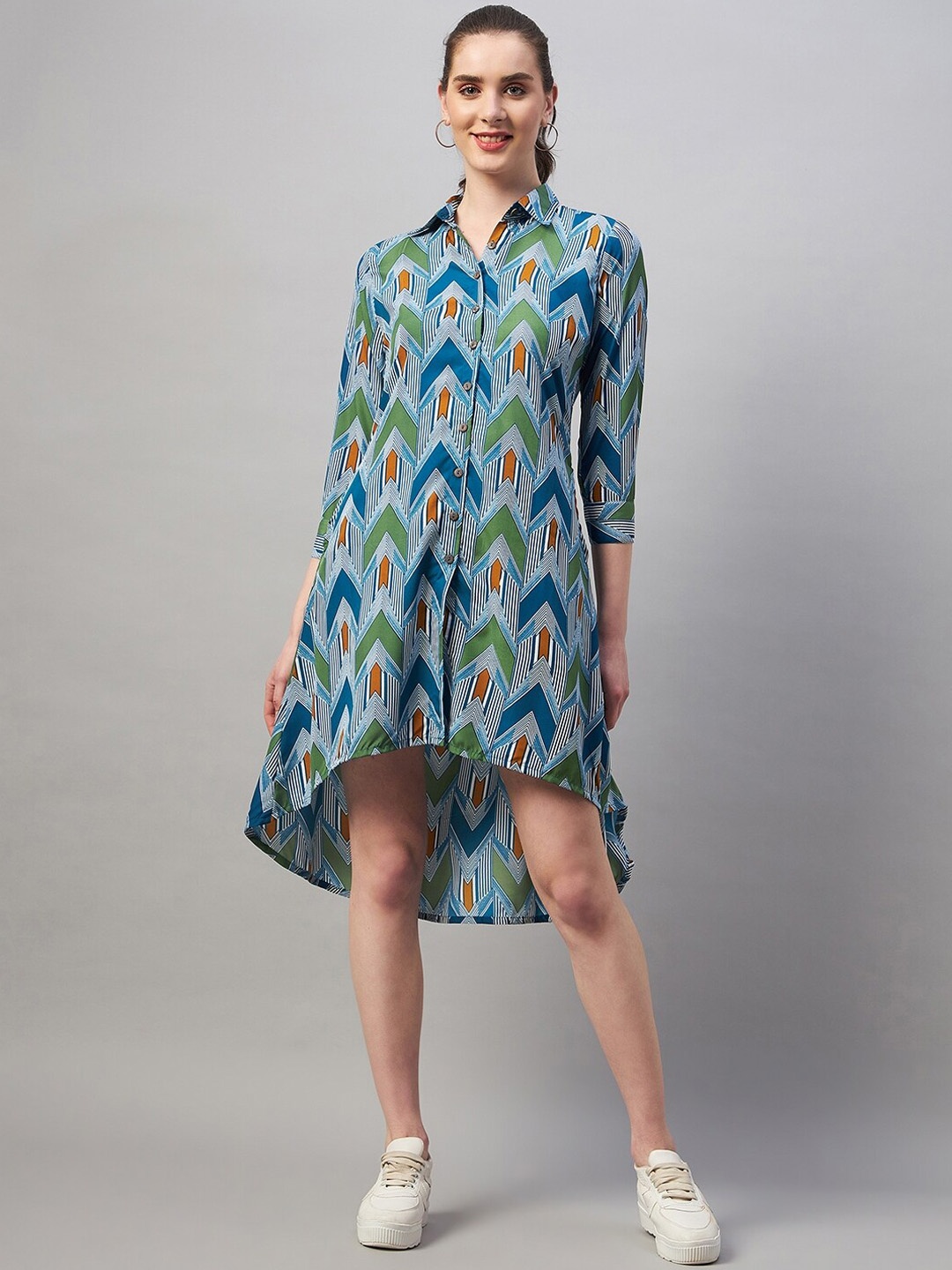 

Azira Geometric Printed High-Low Shirt Dress, Blue