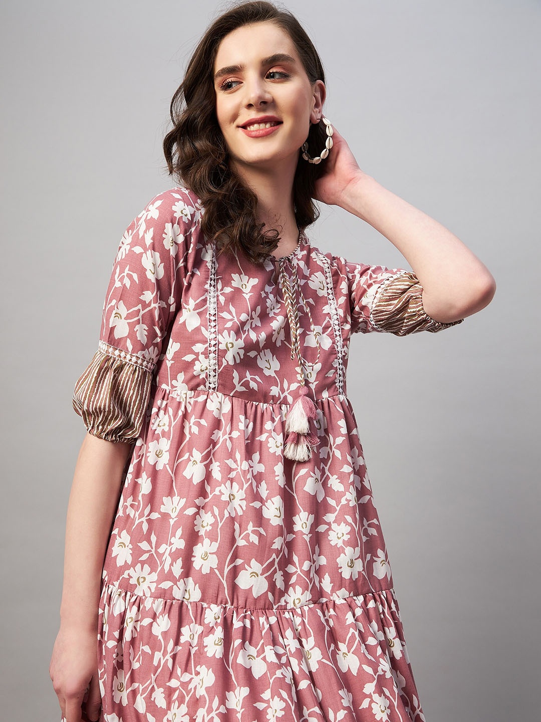 

Azira Floral Printed Tie-Up Neck Cotton A-Line Dress, Peach
