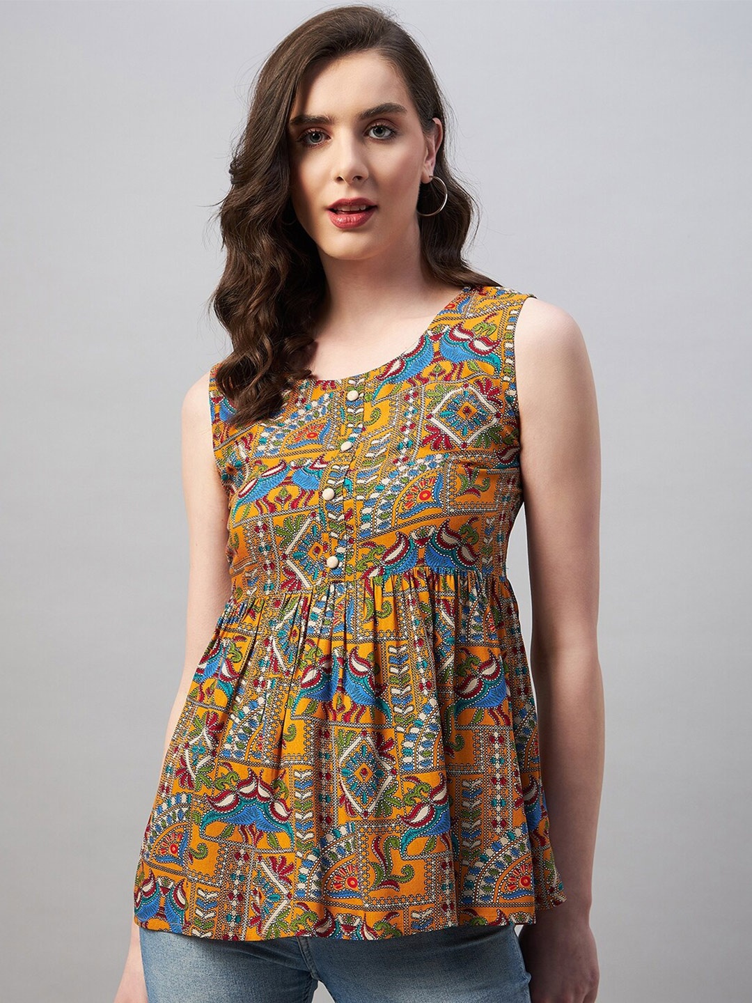 

Azira Orange Tribal Print Empire Ethnic Top