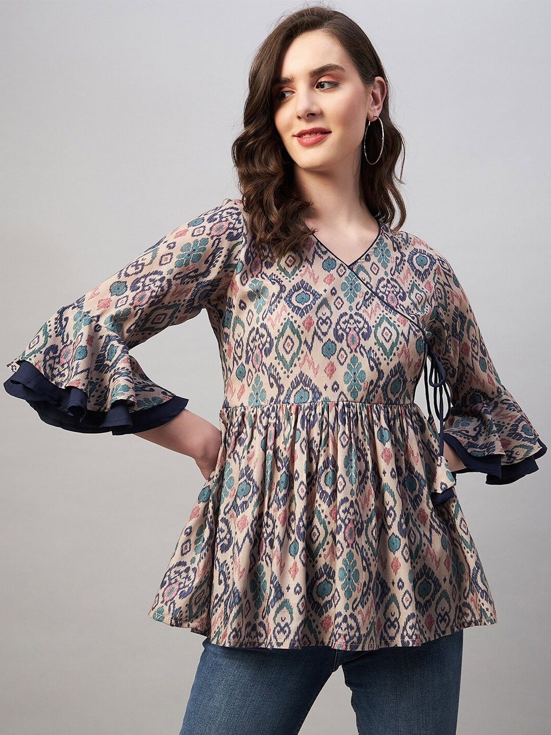 

Azira Bell Sleeves Print Peplum Top, Taupe