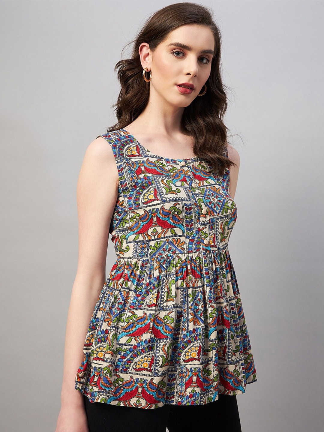 

Azira Green Floral Print Empire Ethnic Top