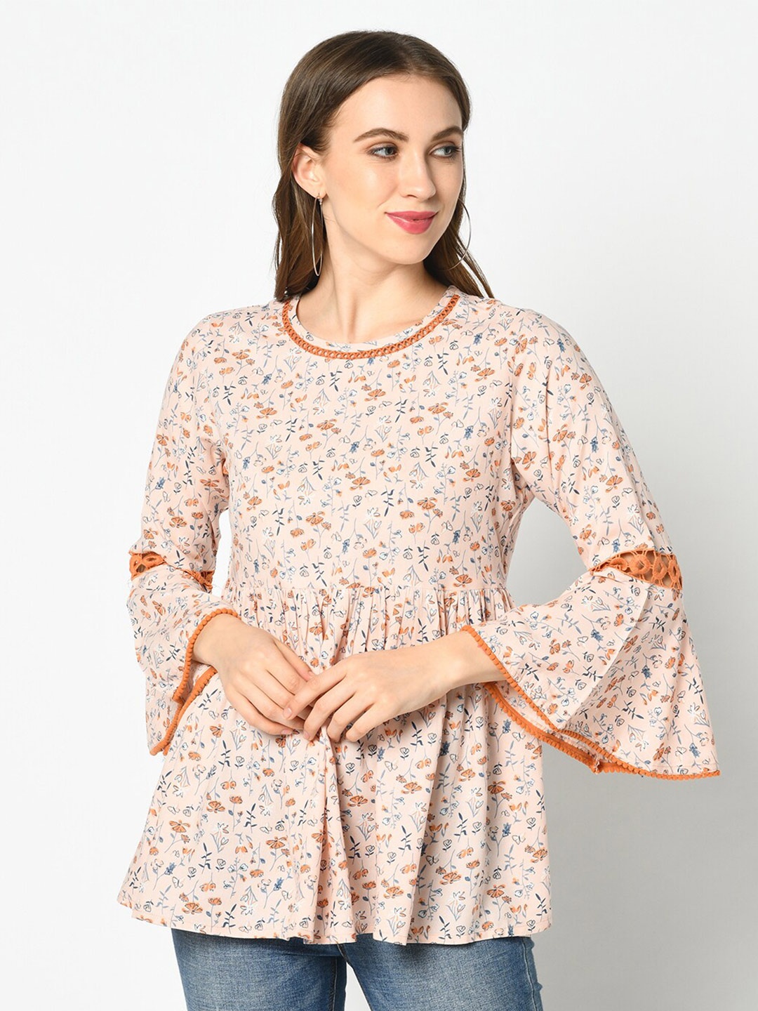 

Azira Bell Sleeves Floral Print Peplum Top, Orange