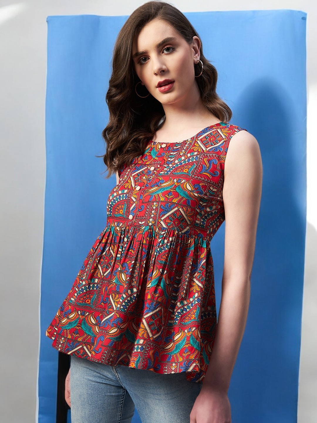 

Azira Red Print Ethnic Top, Multi