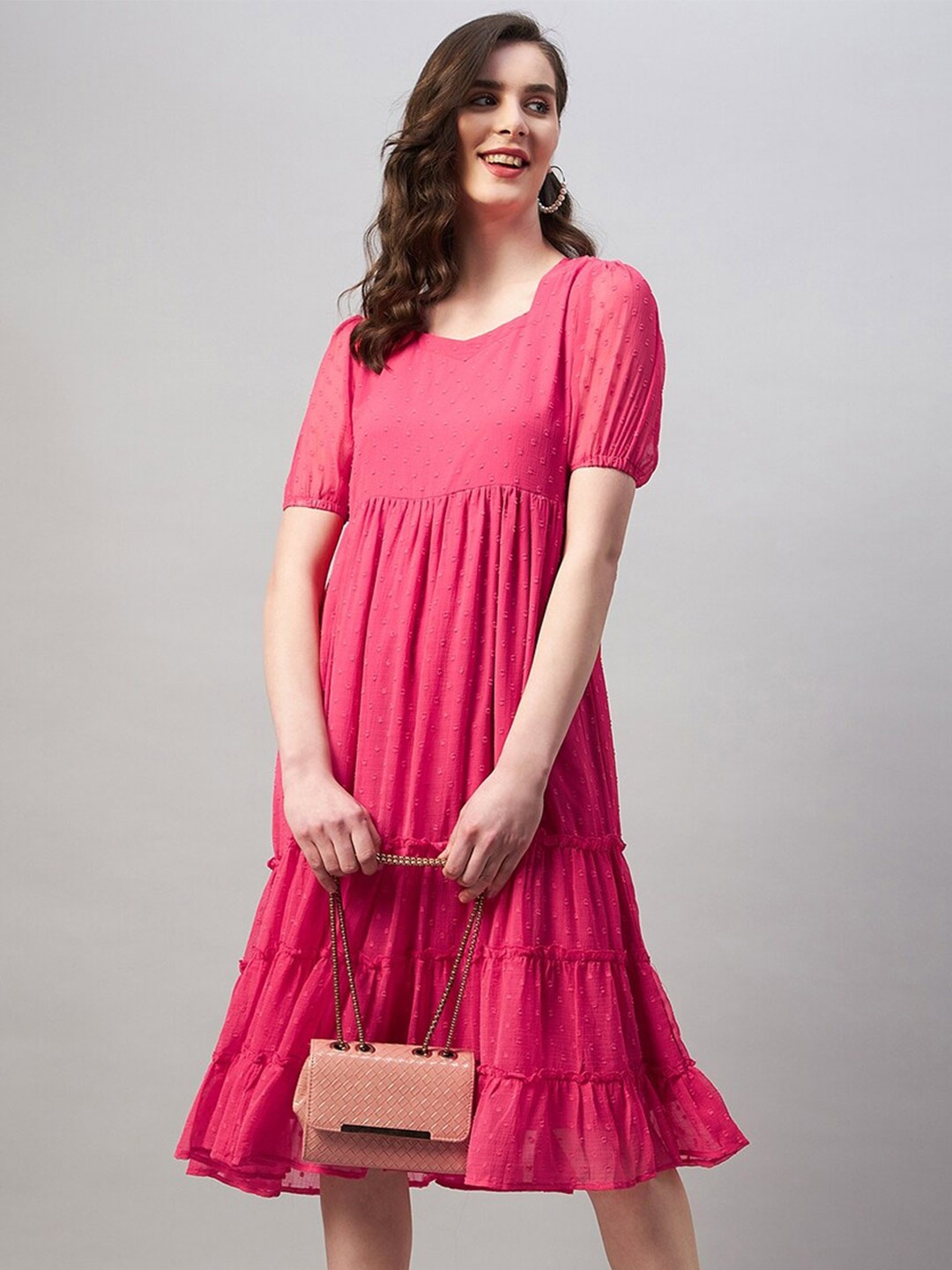 

Azira Fuchsia Round Neck Tiered Fit and Flare Georgette Dress