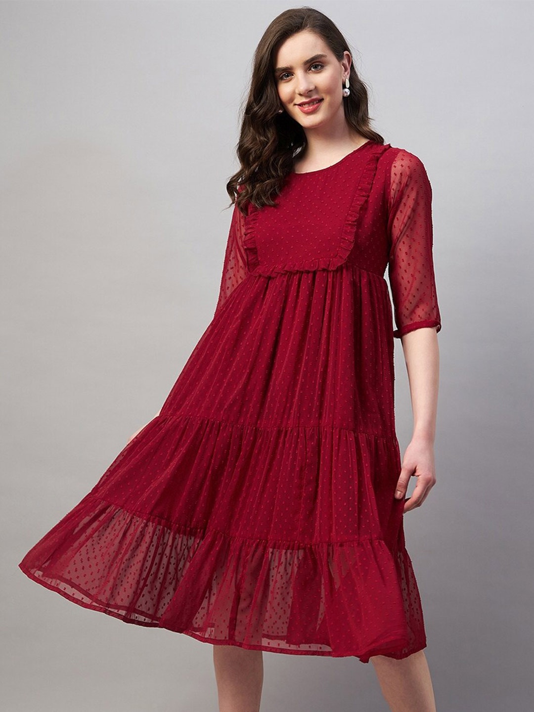 

Azira Self Design Ruffled Tiered Georgette Empire Midi Dress, Maroon