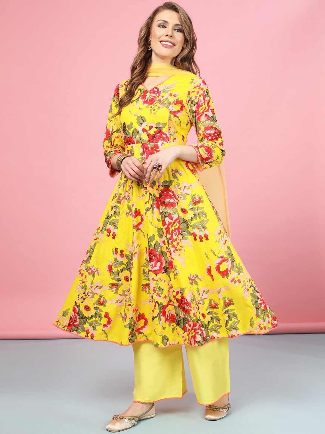 

A.T.U.N. Floral Printed Anarkali Pure Cotton Kurta with Palazzos & Dupatta, Yellow