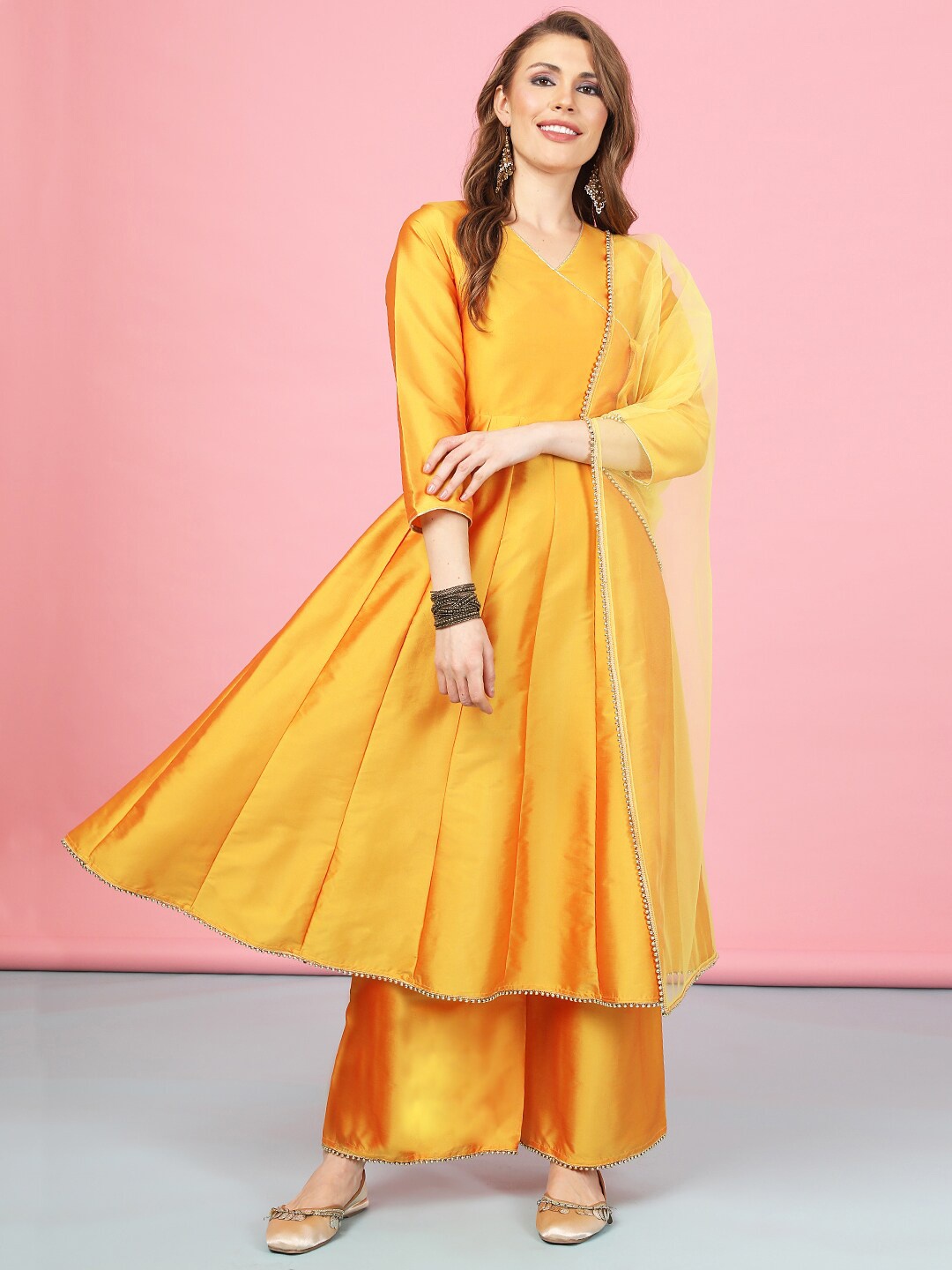 

A.T.U.N. Anarkali Paneled Kurta with Palazzos & Dupatta, Yellow