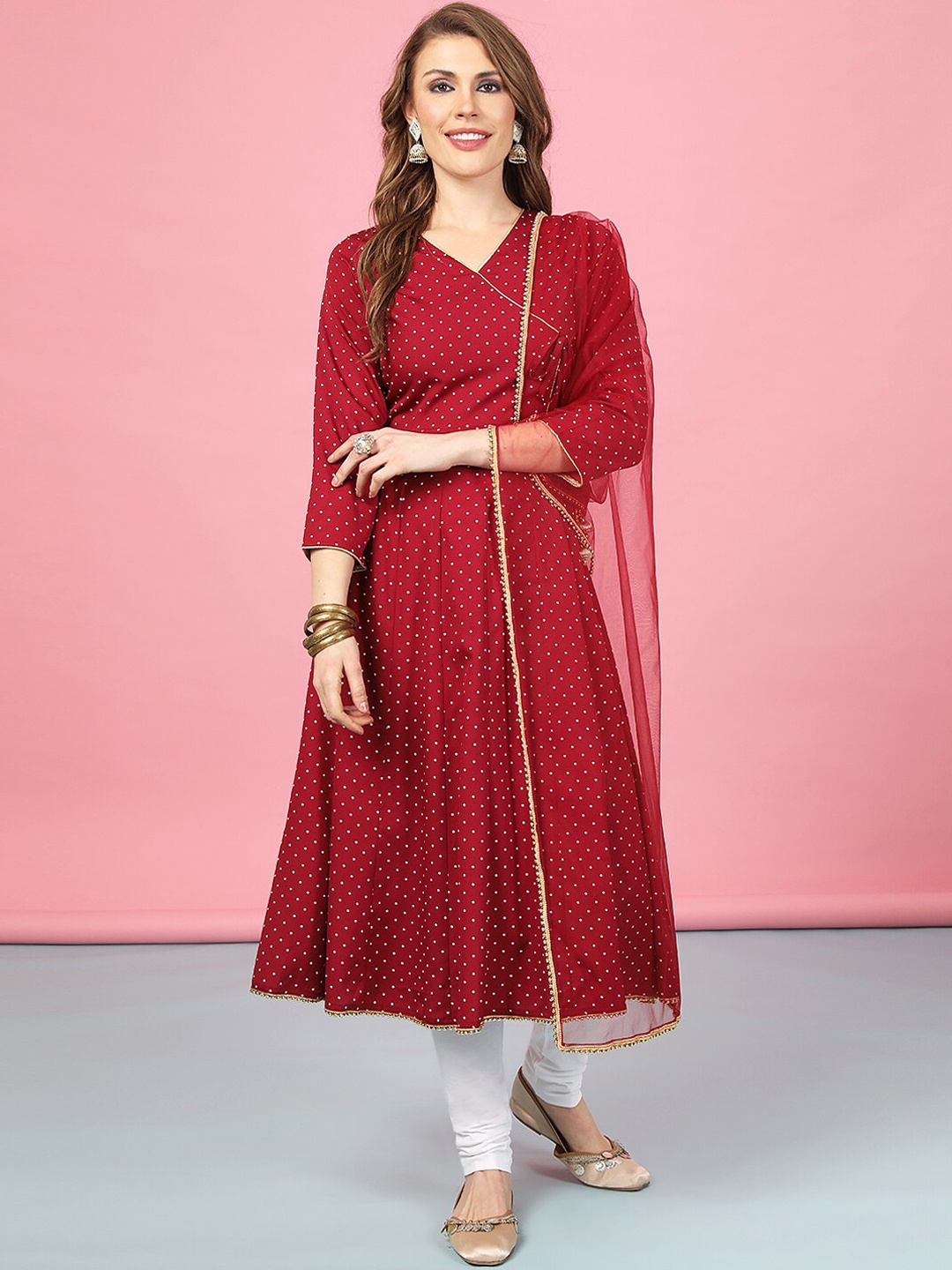 

A.T.U.N. Printed Anarkali Kurta with Palazzos & Dupatta, Maroon