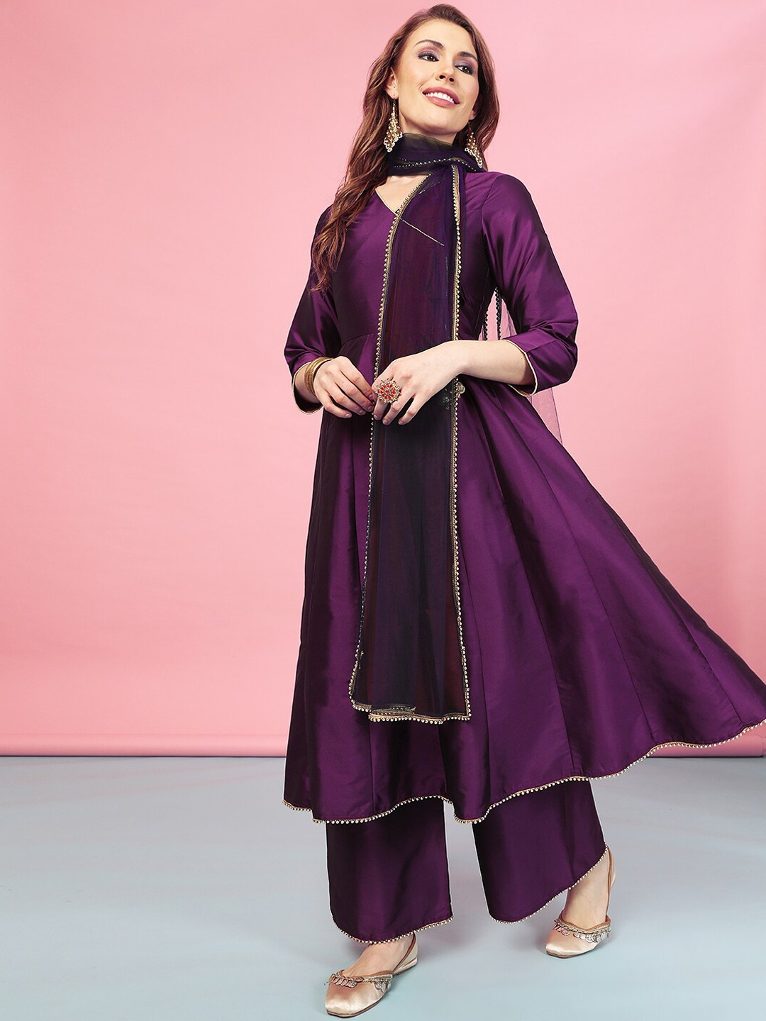 

A.T.U.N. Anarkali Paneled Kurta with Palazzos & Dupatta, Purple