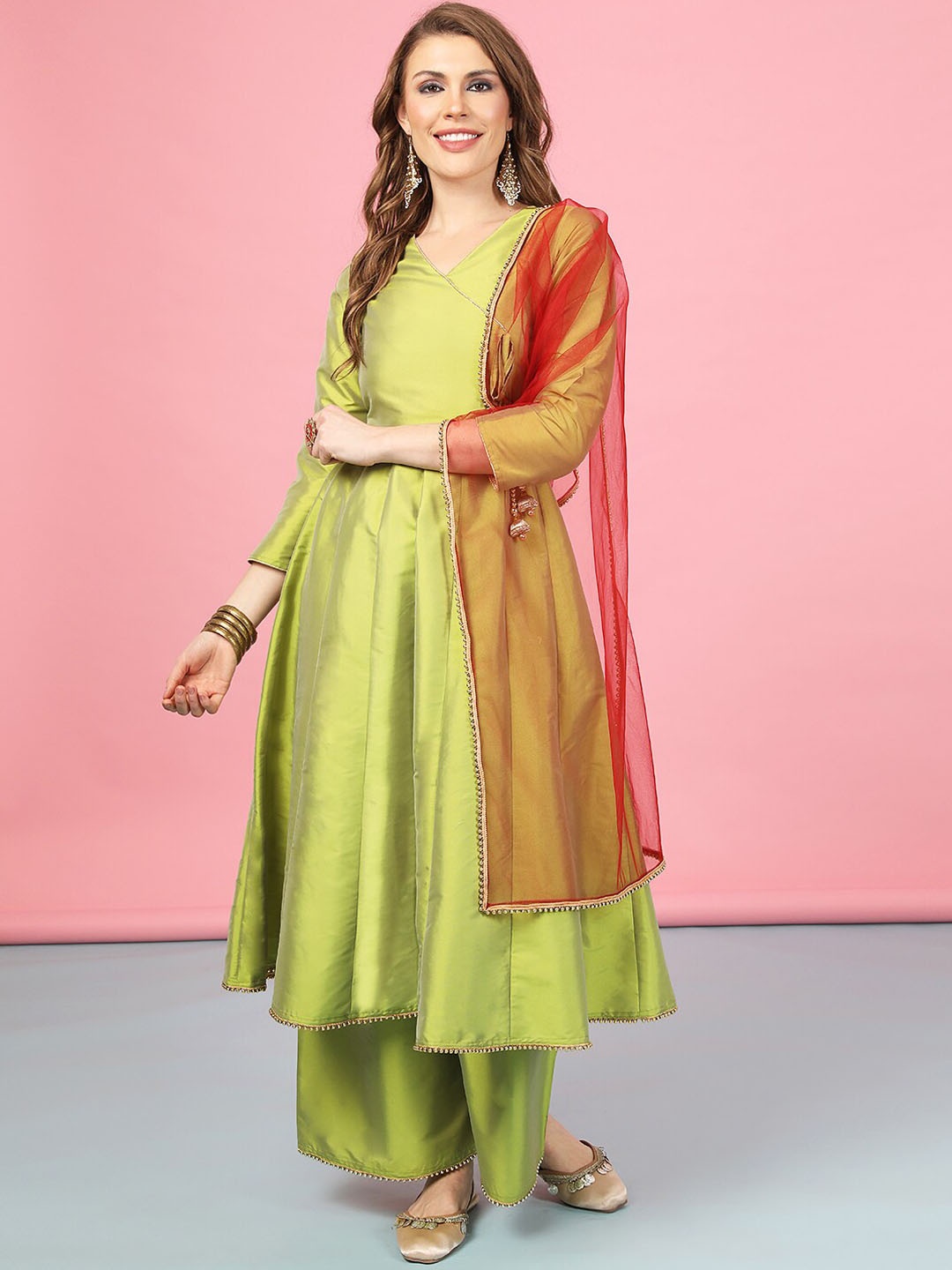 

A.T.U.N. Anarkali Paneled Kurta with Palazzos & Dupatta, Lime green