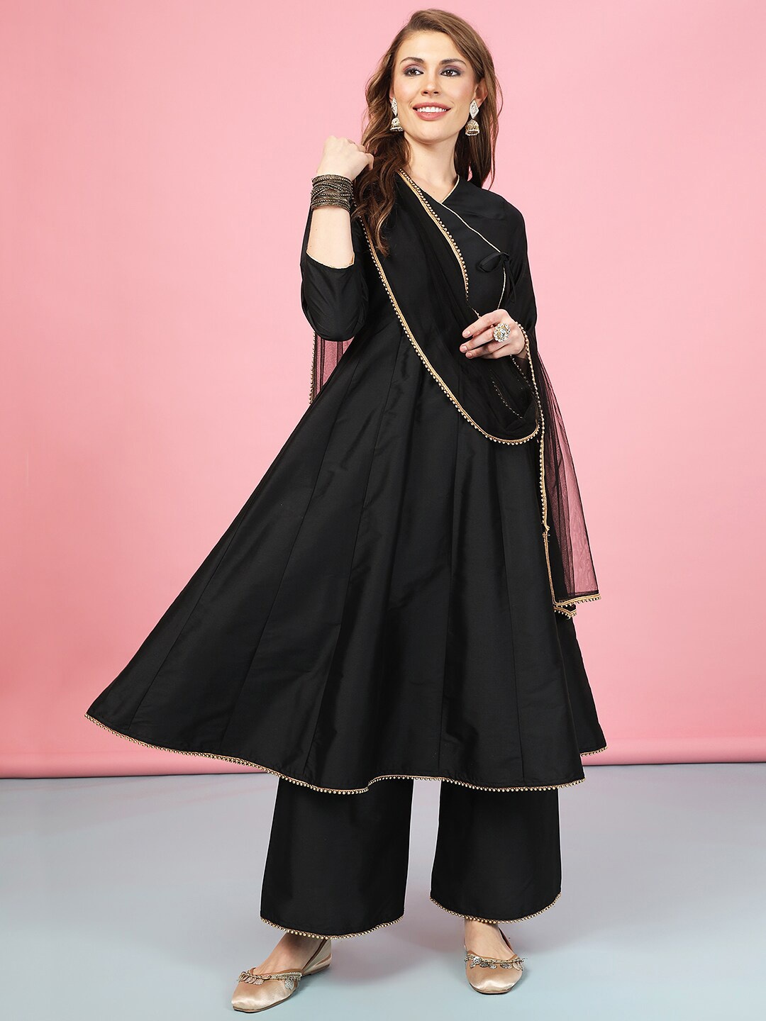 

A.T.U.N. Anarkali Kurta with Palazzos & Dupatta, Black