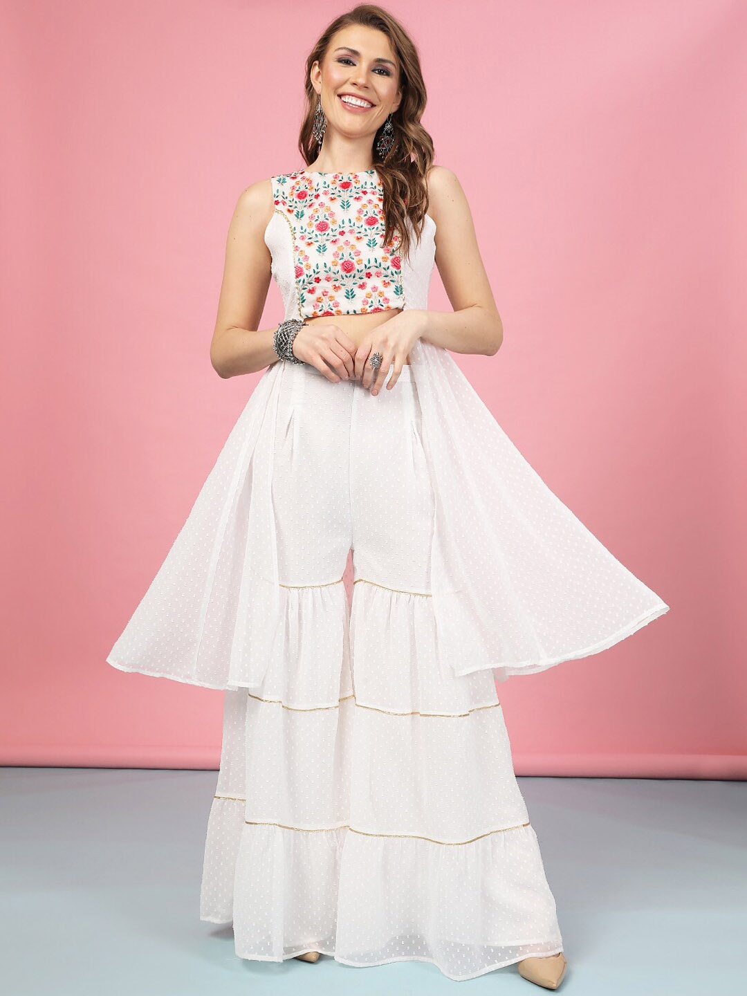 

A.T.U.N. Front Slit A-Line Dobby Ethnic Motifs Embroidered Kurta with Sharara, Off white