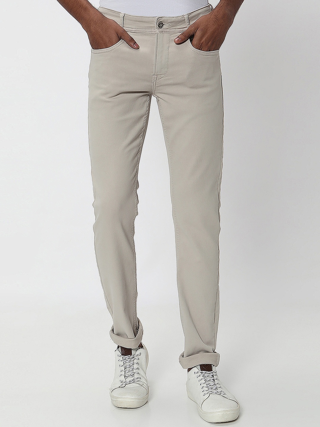 Mufti Men Beige Super Slim Fit Easy Wash Trousers