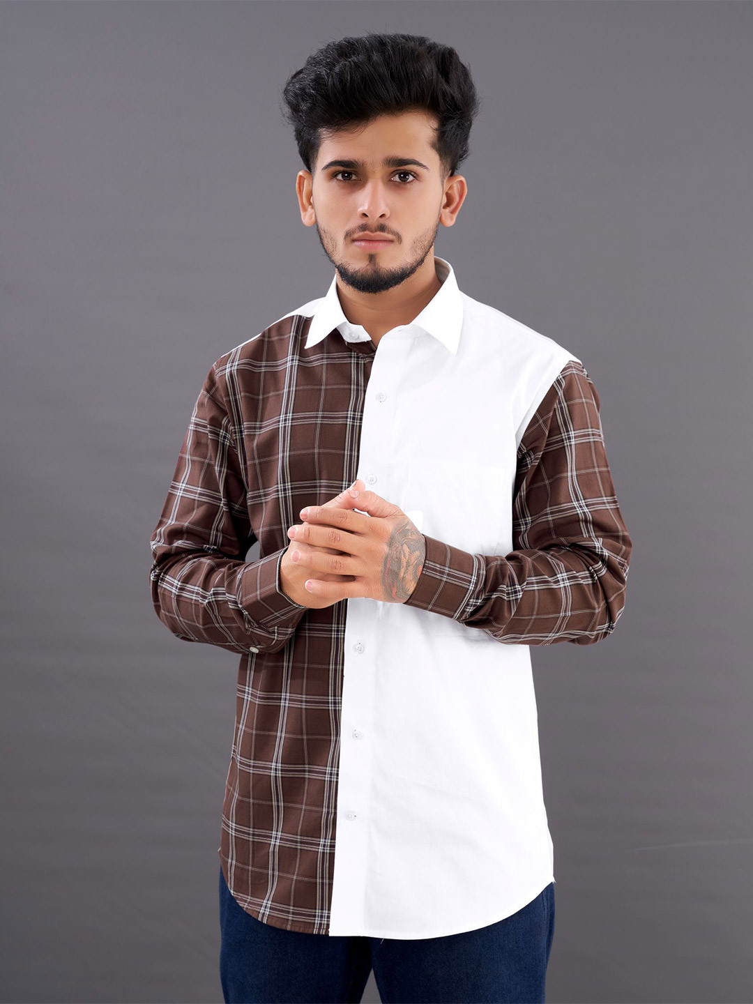 

FRENCH CROWN Tartan Checked Standard Casual Cotton Shirt, Brown