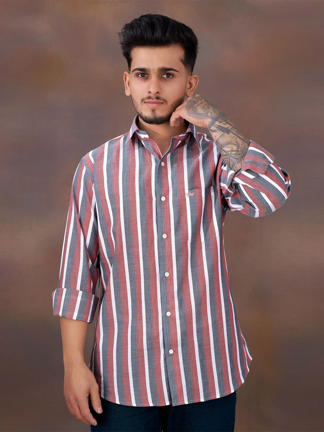 

FRENCH CROWN Vertical Striped Standard Casual Cotton Shirt, Red